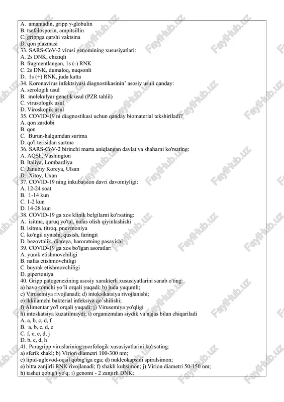 lin c. grippga qarshi vaktsina d. qon plazmasi 33. sars-cov-2 virusi genomining xususiyatlari: a. 2s dnk, chiziqli b. fragmentlangan, 1s (-) rnk c. 2s dnk, dumaloq, nuqsonli d. 1s (+) rnk, juda katta 34. koronavirus infektsiyasi diagnostikasinin’ asosiy usuli qanday: a. serologik usul b. molekulyar genetik usul (pzr tahlil) c. virusologik usul d. viroskopik usul 35. covid-19 ni diagnostikasi uchun qanday biomaterial tekshiriladi? a. qon zardobi b. qon c. burun-halqumdan surtma d. qo'l terisidan surtma 36. sars-cov-2 birinchi marta aniqlangan davlat va shaharni ko'rsating: a. aqsh, vashington b. italiya, lombardiya c. janubiy koreya, ulsan d. xitoy, uxan 37. covid-19 ning inkubatsion davri davomiyligi: a. 12-24 soat b. 1-14 kun c. 1-2 kun d. 14-28 kun 38. covid-19 ga xos klinik belgilarni ko'rsating: a. isitma, quruq yo'tal, nafas olish qiyinlashishi b. isitma, titroq, pnevmoniya c. ko'ngil aynishi, qusish, faringit d. bezovtalik, diareya, haroratning pasayishi 39. covid-19 ga xos bo'lgan asoratlar: a. …
