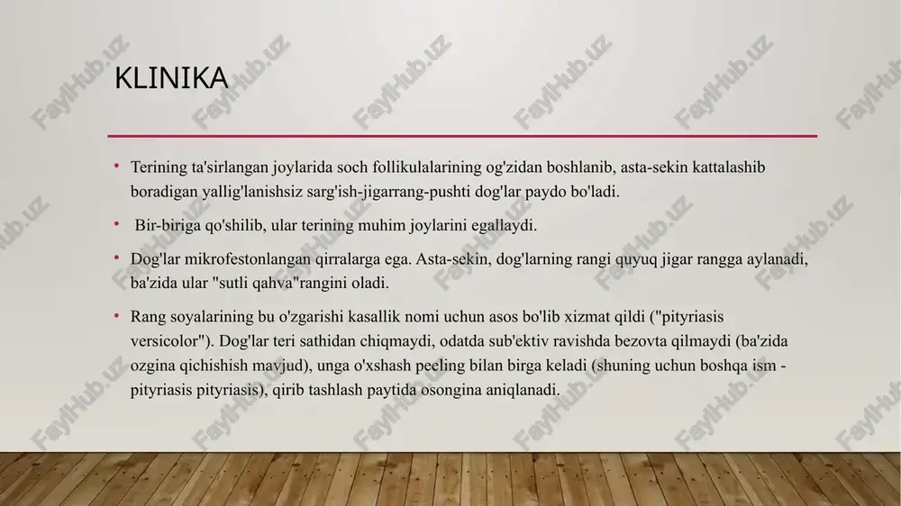 00 mg. fluko-nazol 4-8 hafta davomida haftasiga bir marta 150 mg dan buyuriladi oldini olish tinea versicolor bilan og'rigan bemorning barcha oila a'zolarini, xususan, lyuminestsent lama yordamida tekshirish kerak. sintetik matolardan tikilgan ichki kiyim kiymaslik, terini haftasiga bir marta 1-3% salitsil spirti bilan yog'lash tavsiya etiladi. haddan tashqari terlashni davolash amalga oshiriladi. davolash paytida 2% sovun-soda eritmasida qaynatish va bug ' namlagichi bilan dazmol bilan dazmollash orqali bemorning ichki kiyimlari va choyshablarini, kiyimlarini dezinfektsiya qilish kerak. shlyapalarni ichkaridan bug ' namlagichli temir bilan dazmollash kifoya. yozgi relapsning oldini olish uchun martdan maygacha oyiga bir marta ketma-ket 3 kun davomida terini ketokonazol shampuni bilan davolash tavsiya etiladi. u 5 daqiqa davomida nam teriga surtiladi va keyin dush ostida yuviladi trichofitiyalar yuzaki va bosh terisi bu antropofil deb hisoblanadigan trichofiton jinsining mikromitsetlari, shuningdek, tananing asosan tukli qismlariga ta'sir qiluvchi ba'zi mikrosporalar(bu holda biz mikrosporiya haqida gaplashamiz) tufayli yuzaga keladigan teri va uning …
