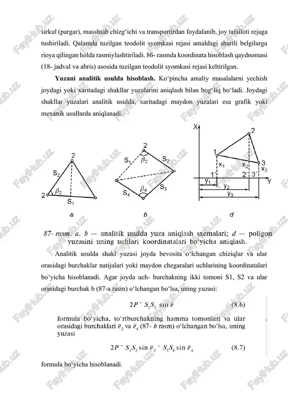 formulada ikki martadan hisoblanadi. ikki variantda hisoblangan uchburchak yuzasi farqi quyidagi egri chiziqlar bilan chegaralangan kichik maydon yuzalarini aniqlash uchun kvadrat yoki parallel paletkalar (89- rasm) qo‘llaniladi. kvadrat paletka shaffof asosga (kalkaga) chizilgan tomonlari 1—2 mm li kvadrat to‘rlardan iborat (89- a rasm). paletka shakl ustiga yotqizilib, to‘la kvadratlar soni, chalalaridan butun son chamalab sanaladi. 1:10000 masshtabda kvadrat tomoni 2 mm bo‘lsa, uning yuzasi 0,04 ga, shakl yuzasi esa kvadrat yuzasining kvadratlar soniga bo‘lgan ko‘paytmasiga teng. kvadratlar sonini sanashni yengillashtirish maqsadida santimetrli chiziqlar yo‘g‘onlashtiriladi. parallel paletka — shaffof asosga oraliqlari h = 2 mm qilib o‘tkazilgan qator parallel to‘g‘ri chiziqlardan iborat (89- b rasm) bo‘lib, 10 sm2 gacha bo‘lgan shakllar yuzasini aniqlashda qo‘llaniladi. yuzani aniqlash uchun paletka shakl ustiga uning chekkadagi k, c nuqtalari chiziqlar o‘rtasida yotadigan qilib qo‘yiladi. bunda paletka chiziqlari shaklni balandligi chiziqlar orasidagi h masofaga teng bo‘lgan trapetsiyalarga bo‘ladi. o‘lchagichda trapetsiya o‘rta chiziqlari uzunliklari masshtabda topilib, shaklning …