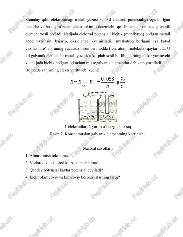 qo‘sh elektr qavati paydo bo‘ladi. bu ikkita fazalar oralig‘ida vujudga kelgan potensiallar ayirmasining absolyut qiymatini o‘lchash imkoniya ti yo‘q. lekin uning nisbiy qiymatini biror - bir shartli potensiali aniq elektrodga nisbatan o‘lchash mumkin. buning uchun korroziyaga uchrayotgan metall bilan potensiali aniq bo‘lgan elektrodlarning elektr yurituvchi kuchi o‘lchanadi: e = u1 - u2 bu yerda ye - elektr yurituvchi kuch, voltlarda; u1 - birinchi elektrod potensiali, v. u2 - ikkinchi elektrod potensiali, v. odatda u1 - potensiali katta (musbatroq) bo‘ lgan elektrod potensialidir. korroziya paytida bir tomondan metall ionlari eritmaga chiqsa men+ ? mh2o = men+ ? mh2o + ne ikkinchi tomondan ular metall yuzasida zaryadsizlanadilar /docprops/thumbnail.emf 10 - maruza mavzu: korroziya dan saqlanish usullari . reja : 1. vodorod kutbsizlanish. 2. elektrokimyoviy korroziya. 3 . almashinish toki. bu xil korroziya o‘zidan elektr tokini o‘tkazadigan muxitda (elektrolitda) sodir bo‘lib, oksidlanish va qaytarilish reaksiyalari aloxida yuzalarda sodir bo‘ladi. reaksiyalarning shuningdek korroziyaning tezligi …