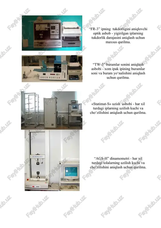 “gx-400” maxsus tarozi - har xil turdagi matolarning sirt yuza zichligini aniqlash uchun maxsus tarozi. “seriplan” - xom ipak ipining notekisligi, yirik va mayda nuqsonlar bo‘yicha tozaligini tekshirish uchun maxsus qurilma. “nm-3” kalava o‘rash charxi - iplarning chiziqiy zichligini aniqlashda ma’lum uzunlikdagi kalavachalarni o‘rash uchun maxsus qurilma. “sg-6200” elektron tarozi - har xil turdagi namunalarning og‘irligini aniqlash uchun tarozi. “md-6r” namlikni aniqlovchi jihoz - iplardagi konditsion namlikning miqdorini infraqizil nurlar yordamida quritib o‘lchaydigan maxsus qurilma. image7.jpeg image8.jpeg image9.jpeg image10.jpeg image11.jpeg image12.jpeg image13.jpeg image14.jpeg image15.jpeg image16.jpeg image17.jpeg image18.jpeg image19.jpeg image20.jpeg image21.jpeg image22.jpeg image23.jpeg image24.jpeg image25.jpeg image26.jpeg image27.jpeg image28.jpeg image1.jpeg image2.jpeg image3.jpeg image4.jpeg image5.jpeg image6.jpeg