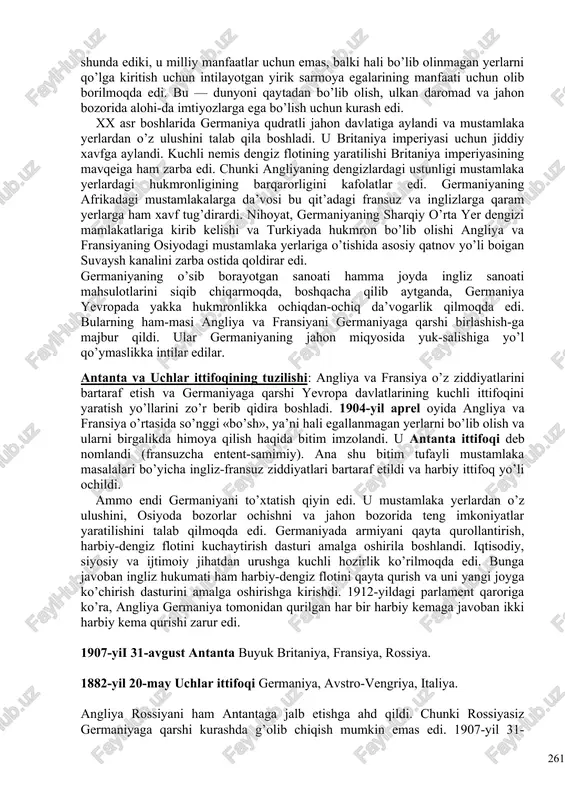 i fashizm bilan va globallashuvni ayrimchilik bilan kurashidan iborat bo’ldi. xx asr voqealari asosan shu tariqa kechdi. bu voqealar bir tekis rivojlanmagan va kechmagan, albatta, ular har bir mamlakatda o’z xususiyatlariga, namoyon bo’lish shakllari-ga ega edi. jahon tarixi va dunyo siyosati yigirmanchi yuz-yillikda ularning ta’siriga bog’liq holda uch bosqichni o’tdi. i bosqich. 1914—1945-yillardagi ikki jahon urushi o’rtasidagi davr. unda dunyoni qayta taqsimlab olishga, yangi dunyo tartiboti o’rnatishga yo’naltirilgan jahon mojarolari juda ko’p. birinchi jahon urushi imperialistik, ya’ni ikkala imperialistik guruh boshlagan bosqinchilik urushi bo’ldi. u talonchilik va buzg’unchilik urushi edi. shunday bolsa-da, barcha mamlakatlarni qamragan demokratik harakat rivojlanishi uning natijasidir. ushbu davrda maqsadi jahonda demokratik islohotlarni amalga oshirish bo’lgan umumdemokratik xarakterdagi kuchlar yuksalishi ustunlik qildi. kapitalistik tizimning ham iqti​sodiy, ham ijtimoiy-iqtisodiy inqirozi jahonni ikkita — demokratik hamda fashistik, totalitar lagerga bo’lib yubor​di. ikkinchi jahon urushi endilikda birinchisiga qaraganda butkul boshqacha xarakterda edi. u demokratik lager tomonidan umumdemokratik xarakterdagi, fashist davlatlari …