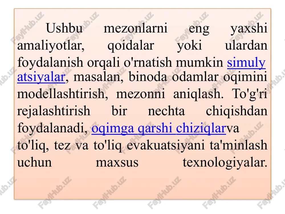 cha evakuatsiya yoritgichlari va belgilar mavjud, ba'zi hollarda derazalar yoki favqulodda chiqish vazifasini bajaradigan qo'shimcha eshiklar. tijorat shoshilinch samolyotlarni evakuatsiya qilish tomonidan ham osonlashtiriladi evakuatsiya slaydlari va parvozdan oldin xavfsizlik bo'yicha brifinglar. harbiy samolyotlar ko'pincha jihozlangan chiqarish joylari yoki parashyutlar. suv ustida uchadigan suv kemalari va tijorat samolyotlari jihozlangan shaxsiy flotatsiya qurilmalari va hayot sallari. paydo bo'lganidan beri narsalar interneti yangi asbob-uskunalarni o'z ichiga olgan texnologiyalar, yangi texnikalar paydo bo'lmoqda. ularning aksariyati identifikatorlarni skanerlash kabi simsiz qurilmalar, mayoqlar yoki orqaga qaytish tizimi.[5] masalan, yangi texnikalar aloqa protokoli kabi wi-fi, bluetooth, uwb yoki rfid va foydalanish yopiq joylashishni aniqlash tizimi.narsalar internetidan kichik hajmdagi evakuatsiyalarda foydalanish evakuatsiya vaqtini tezlashtirishi mumkin: asosan yong'in manbalarini lokalizatsiya qilish, bino ichida tarqalayotgan yong'inni tahlil qilish yoki bino ichida qolib ketgan odamlarni topish. evakuatsiya qilish uchun ushbu turdagi barcha ma'lumotlarni taqdim etadigan monitoring interfeysi. e’tiboringiz uchun rahmat /docprops/thumbnail.jpeg