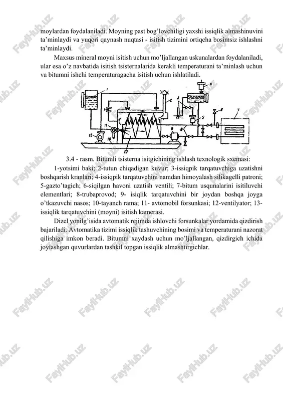 ikllashgan qizdirish uslubi, masalan bitum qizdirish qozonlarida, xar yerda tuliq taqiqlangan bo’lishi kerak. sifatli asfalbeton va boshqa qorishmalarni olish uchun asosiy shartlardan biri bo’lib, bitumni to’gri qizdirishi rejimidan foydalanish. eng progressiv va iqgisodiy to’g’ri uslubi bu issiq mineral moy yordamida qizdirish deb hisoblanadi. metall qismlarni korroziyaga chaqirmaydigan yuqori temperaturada bo’linib ketmaydigan, qaynash temperaturasi yuqori va past bog’lovchi mineral moylardan foydalaniladi. moyning past bog’lovchiligi yaxshi issiqlik almashinuvini ta’minlaydi va yuqori qaynash nuqtasi - isitish tizimini ortiqcha bosimsiz ishlashni ta’minlaydi. maxsus mineral moyni isitish uchun mo’ljallangan uskunalardan foydalaniladi, ular esa o’z navbatida isitish tsisternalarida kerakli temperaturani ta’minlash uchun va bitumni ishchi temperaturagacha isitish uchun ishlatiladi. 3.4 - rasm. bitumli tsisterna isitgichining ishlash texnologik sxemasi: 1-yotsimi baki; 2-tutun chiqadigan kuvur; 3-issiqpik tarqatuvchiga uzatishni boshqarish kranlari; 4-issiqpik tarqatuvchini namdan himoyalash silikagelli patroni; 5-gazto’tagich; 6-siqilgan havoni uzatish ventili; 7-bitum usqunalarini isitiluvchi elementlari; 8-trubaprovod; 9- isiqlik tarqatuvchini bir joydan boshqa joyga o’tkazuvchi nasos; 10-tayanch rama; 11- …