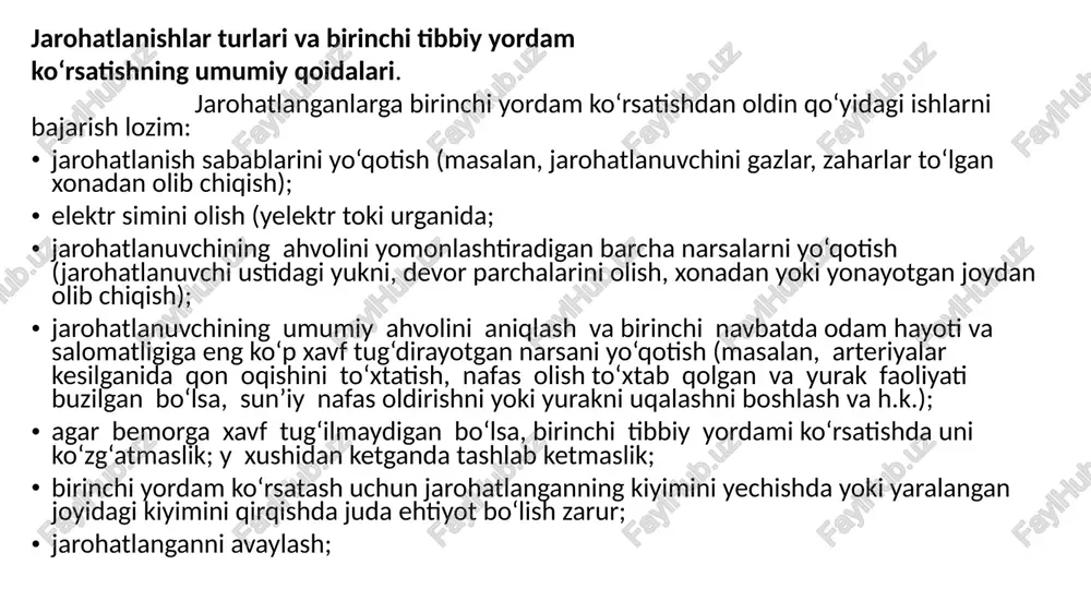 lash, nafas - tovush boylamlarininig spazmi, nafas yo‘llariga kusuk massasininig tiqilishi, intubatsion naychaninig buralib ketishi,tilning xalqumga ketib qolishi va shu kabilar oqibatida nafas faoliyati tuxtashi mumkin. nafas yo‘llari tulik yoki qisman beqilishi mumkin. bexush holatda yotgan odamda nafas yo‘llari erkin o‘tkazuvchanligini tiklash uchun tez va izchillik bilan qo‘yidagitadbirlarin o‘tkazish zarur: 1) bemorni qattiq yuzaga chalqancha yoyqizish. 2) boshini orqaga engashtirish. 3) pastki jag‘ini oldinga va yuqori surish va og‘zini ochish. 4) og‘iz va tomoqni shilimshiq va boshqalardan tozalash. 5) bemorni og‘ziga xavo yuborib, kukrak qafasi ekskursiyasi va nafas chiqarishni kuzatib turish mumkin. og‘izdan-og‘izga yoki og‘izdan-burunga nafas berish usuli nafas oldirishninig eng ta’sirchan va oddiy usulidir. bemor boshini orqaga ko‘proq engashtirib, chalqancha yotqiziladi. buning uchun bemorning kuraklari ostiga bolishga uxshatib yumoloqlangan adyol qo‘yiladi. bemorninig burni barmoqlar bilan qisiladi, og‘ziga doka yoki ro‘molcha yopiladi va chuqur nafas olib xavo bemorninig og‘ziga puflanadi. nafas chiqarish susut bo‘ladi, bir minutda taxminan 12-16 marta puflanadi. …
