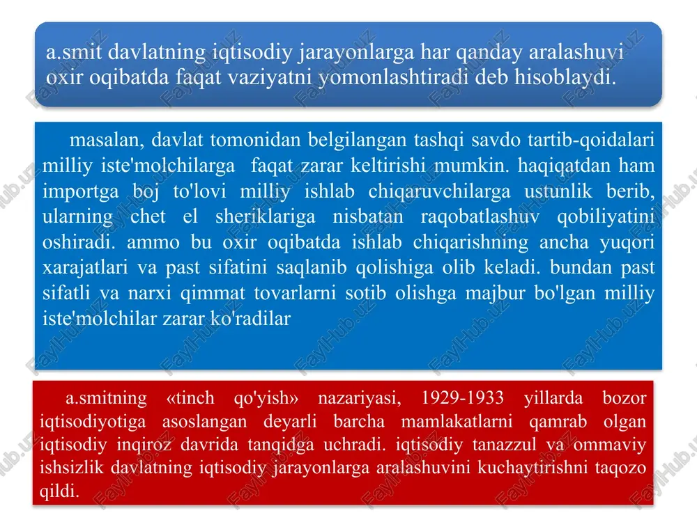 laydi. ikkinchidan, davlat bozorni tartibga solish yo'li bilan, ya'ni talab va taklif ta'sirida o'rnatiladigan narxlarni o'zgartirish yo'li bilan ham daromadlarning taqsimlanishiga ta'sir ko'rsatadi. me'yordagi oziq-ovqat tovarlariga o'rnatiladigan imtiyozli narxlar va ish haqining eng kam (minimal) darajasi haqidagi qonunchilik davlatning, aholining ma'lum qatlami daromadlarini oshirishga qaratilgan tadbirlarining yana bir misolidir. bozor mexanizmining resurslarni qayta taqsimlashdagi layoqatsizligi ikki holatda ko'rinadi, ya'ni raqobatli bozor tizimi: 1) ma'lum tovarlar va xizmatlarning kam miqdorini ishlab chiqaradi; 2) ishlab chiqarishi o'zini oqlagan ayrim tovarlar va xizmatlarga resurslarning har qanday turini ajratish holatida bo'lmaydi. davlat jamiyat a'zolari o'rtasida daromadlarni qayta taqsimlashda soliq imtiyozlarini belgilash orqali soliq tizimidan ham keng foydalanadi. resurslarning qayta taqsimlanishi tovarlarni ishlab chiqarish yoki iste'mol qilish bilan bog'liq foyda yoki zarar, uchinchi tomonga, ya'ni bevosita xaridor yoki sotuvchi hisoblanmaganlar tomonga «siljigan» chog'da vujudga keladi. bu qo'shimcha samara deb ataladi, chunki u bozor qatnashchisi hisoblanmaganlar hissasiga to'g'ri keluvchi foyda yoki zararni ifodalaydi. bunga atrof-muhitning ifloslanishini …