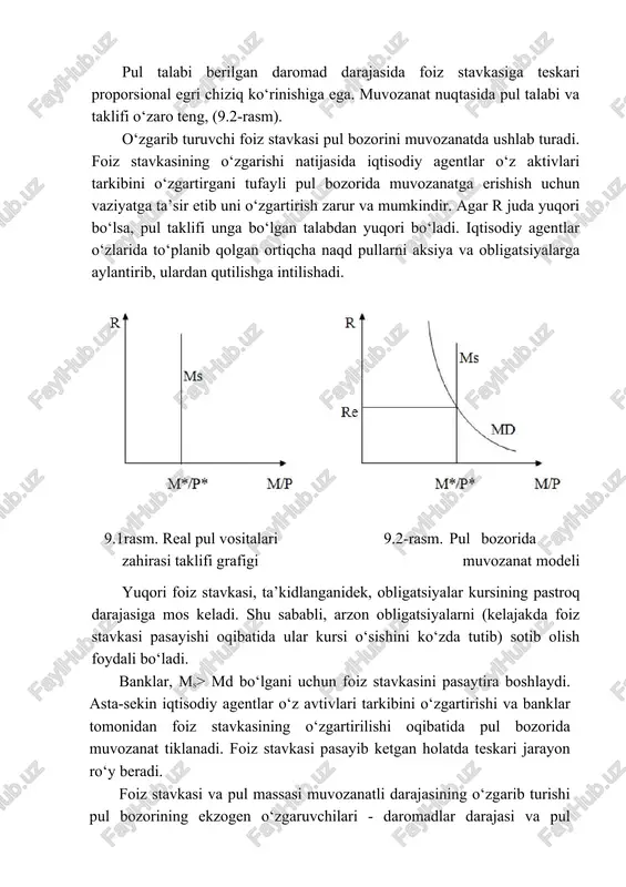 uda yuqori bo‘lsa, pul taklifi unga bo‘lgan talabdan yuqori bo‘ladi. iqtisodiy agentlar o‘zlarida to‘planib qolgan ortiqcha naqd pullarni aksiya va obligatsiyalarga aylantirib, ulardan qutilishga intilishadi. 9.1rasm. real pul vositalari 9.2-rasm. pul bozorida zahirasi taklifi grafigi muvozanat modeli yuqori foiz stavkasi, ta’kidlanganidek, obligatsiyalar kursining pastroq darajasiga mos keladi. shu sababli, arzon obligatsiyalarni (kelajakda foiz stavkasi pasayishi oqibatida ular kursi o‘sishini ko‘zda tutib) sotib olish foydali bo‘ladi. banklar, ms> md bo‘lgani uchun foiz stavkasini pasaytira boshlaydi. asta-sekin iqtisodiy agentlar o‘z avtivlari tarkibini o‘zgartirishi va banklar tomonidan foiz stavkasining o‘zgartirilishi oqibatida pul bozorida muvozanat tiklanadi. foiz stavkasi pasayib ketgan holatda teskari jarayon ro‘y beradi. foiz stavkasi va pul massasi muvozanatli darajasining o‘zgarib turishi pul bozorining ekzogen o‘zgaruvchilari - daromadlar darajasi va pul taklifining o‘zgarishi natijasida ham ro‘y beradi. 9.3-rasm. daromadlar darajasining oshishi natijasida pulga talabning o‘zgarishi. 9.4-rasm. pul taklifining kamayishi natijasida pul bozorida muvozanatning o‘zgarishi. grafik ko‘rinishda, bu, pul talabi va pul taklifi …
