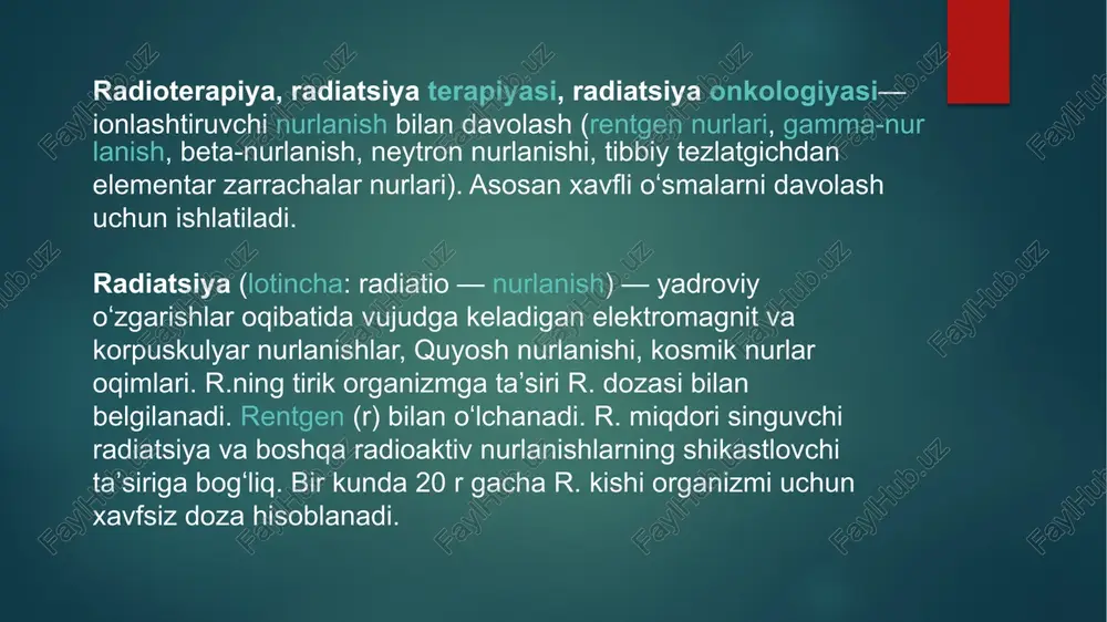 an nurlar va toʻlqinlar 1) rentgen nurlar (rentgen usullar, kt, angiografiya, nur terapiya) 2) gamma nurlar (radionuklid usul, nur terapiya) 3) ultratovush toʻlqinlari (sonografiya) 4) magnit maydoni va radiotulkinlar (mrt) 5) beta-nurlar (nur terapiya) e’tiboringiz uchun rahmat image2.png image9.jpeg image10.png image11.png image12.png image13.png image14.png image15.png image16.png image17.png image1.png image5.png image6.png image7.png image8.png