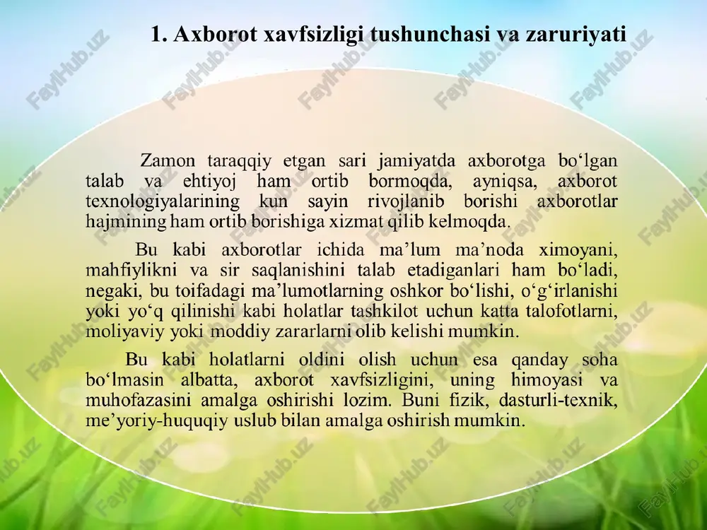 r tizimdan boshqa tizimga maʼlum bir belgilar yordamida belgilangan tartib boʻyicha oʻtkazish jarayoniga aytiladi. kriptografiya deb maxfiy xabar mazmunini shifrlash, yaʼni maʼlumotlarni maxsus algoritm boʻyicha oʻzgartirib, shifrlangan matnni yaratish yoʻli bilan axborotga ruxsat etilmagan kirishga toʻsiq qoʻyish usuliga aytiladi. 3. kriptografik axborot xavfsizligi usullarini qo`llash kriptografiya atamasi dastlab yashirish, yozuvni berkitib qoʻymoq maʼnosini bildirgan. hozirgi vaqtda kriptografiya deganda har qanday shakldagi, yaʼni diskda saqlanadigan sonlar koʻrinishida yoki hisoblash tarmoqlarida uzatiladigan xabarlar koʻrinishidagi axborotni yashirish tushuniladi. boshlangʻich axborotga taʼsirni koʻrinishi boʻyicha kriptografik oʻzgartirishni quyidagi usullari mavjud: shifrlash, stenografiya, kodlash, zichlashtirish. shifrlash jarayoni boshlangʻich axborot ustida orqaga qaytadigan matematik, mantiqiy, kombinatorlik va boshqa oʻzgartirishlarni oʻtkazishdir, buning natijasida shifrlangan axborot harflarning, raqamlarning, boshqa belgilarning va ikkilik kodlarining tartibsiz toʻplami koʻrinishiga egadir. axborotni shifrlash uchun oʻzgartirish algoritmi va kalit ishlatiladi. odatda, maʼlum bir shifrlash algoritmi uchun oʻzgartirish algoritmi oʻzgarmas hisoblanadi. shifrlash algoritmi uchun boshlangʻich qiymatlar boʻlib shifrlash uchun axborot va shifrlash kaliti xizmat qiladi. …