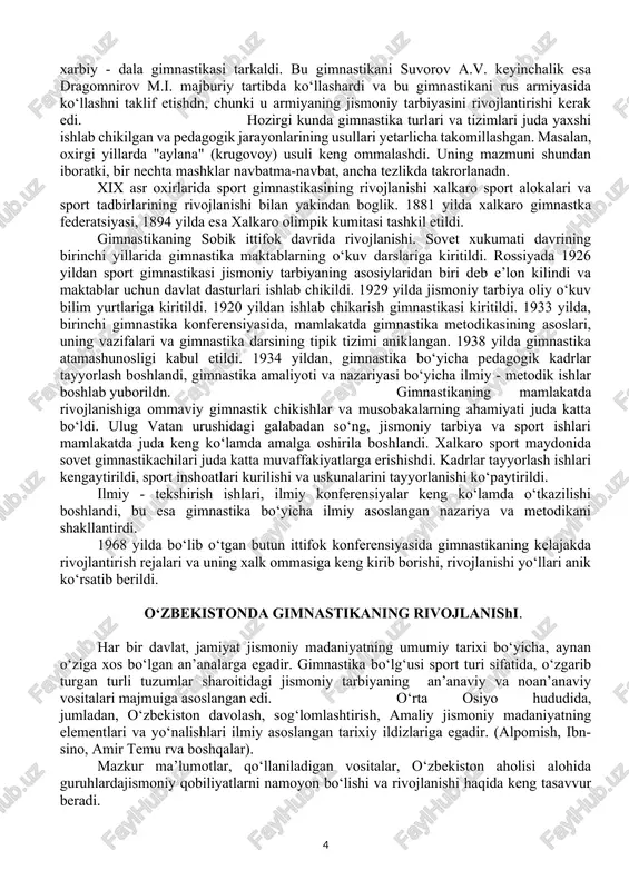 urishni talab etardi. ushbu mashgulotlar tarbiyalanuvchilarda vatanga nisbatan vatanparvarlik xis-tuyguni uygotish maksadida musika ishtirokida bajarilishini talab etardi. amorosole gimnastikasi boshka mamlakatlarda ham ommalashdi. shved gimnastikasi gigienik yo‘nalishda edi va ko‘p mamlakatlarda asosiy gimnastika maktabi sifatida keng tarkaldi. bu tizimning asoschilari p.ling va ya.ling edi. daniya ushbu davrda yevropaning rivojlangan mamlakatlaridan biri edi va u yerda 1779 yili birinchi gimnastika jamiyati va instituti tashkil etilgan edi. keyinchalik stokgolmda maxsus institut ochildi. ushbu institutda p.ling o‘zining jismoniy tarbiya usullarini ko‘llar edi. jismoniy tarbiya uchun odam tanasining rivojlanishiga va mustahkamlanishiga olib boruvchi mashgulotlar bilan shugullanish kerak deb hisoblardi. lo‘ndasini aytganda gimnastikaning maksadi, insonni soglomlashtirish va tanasini mustahkamlash. p.ling, gimnastika darslari tizimini ishlab chikdi, bir kator yo‘riknomalar yozdi, mashgulotlarni sistemalashtirdi va maxsus snaryadlarni kiritdi. shved gimnastika mashgulotlari anatomik belgilar bo‘yicha, (badanning kismlari bo‘yicha) bir nechta klassifikatsiyaga bo‘linardi. ko‘l, oyoqlar va badanni aniq joylashishiga juda katta e’tibor berilardi. tankidchilar shved gimnastikasini - xarakat gimnastikasi emas, …