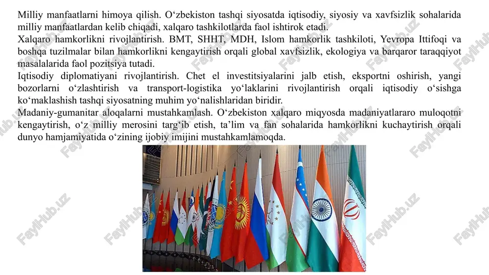 r bilan hal qilish tamoyiliga sodiq qolish. o‘zbekiston har doim muloqotni qo‘llab-quvvatlaydi. o‘zbekistonning markaziy osiyo mintaqaviy xavfsizlik tashabbuslari global hamjamiyat tomonidan yuqori baholanmoqda. 8 tinchlik, barqarorlik va xavfsizlik har bir davlatning eng asosiy ustuvor yo‘nalishlaridan biridir. chunki tinchlik va osoyishtalik mavjud bo‘lmasa, jamiyatda taraqqiyot, iqtisodiy yuksalish va xalq farovonligi haqida so‘z yuritish qiyin bo‘ladi. o‘zbekiston mustaqillikka erishganidan buyon tinchlikni saqlash, barqarorlikni ta’minlash va milliy xavfsizlikni mustahkamlashni o‘z siyosatining asosiy maqsadlaridan biri qilib belgilagan. tinchlikni ta’minlash, avvalo, xalqaro hamkorlik va mintaqaviy do‘stona munosabatlarga tayanadi. o‘zbekiston qo‘shni davlatlar bilan yaxshi qo‘shnichilik siyosatini yuritib, har qanday nizolarni tinch yo‘l bilan hal qilish tarafdori sifatida tanilgan. bu yondashuv markaziy osiyoda ishonch muhitini shakllantirishga va umumiy barqarorlikni mustahkamlashga xizmat qiladi. mintaqaviy hamkorlik: qo‘shnichilik munosabatlarining ustuvorligi markaziy osiyo o‘zbekiston tashqi siyosatining asosiy prioriteti bo‘lib qolmoqda. yaqin qo‘shnichilik munosabatlari mintaqaning umumiy barqarorligi va farovonligi uchun hal qiluvchi ahamiyatga ega. markaziy osiyo davlatlari qozog‘iston, qirg‘iziston, tojikiston va turkmaniston …