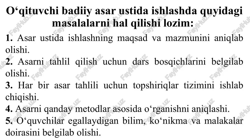 mumkin: og‘zing ochilib qolsin – hayron bo‘lib qolgin. qolipdan chiqqan g‘ishtdek – hamma tomoni birdek tekis. loqayd – befarq. kashfiyot – izlanishlar natijasida yaratilgan narsa; ixtiro. ayilday botdi – qattiq tegdi, ranjitdi. pisanda qilmoq – oldindan biror shart qo‘ymoq; ta’kidlamoq. tayyorgarlik ishlarining ta’limiy shakllari xilma-xil bo‘lib, o‘qituvchi asar mazmuni va sharoitga qarab ish turini tanlaydi. tayyorgarlik davrida nimalar haqida ma’lumot berish maqsad qilingan bo‘lsa, avvalo, o‘quvchilarning o‘zlaridan ular haqida bilganlari so‘rab aniqlanadi. masalan, “kitobga ixlos” asarini o‘qishga tayyorgarlikda o‘quvchilarning dastlabki bilimlari quyidagicha aniqlanadi: o‘qituvchi: − bugun biz vatanimizning o‘tmishiga sayohat qilamiz. sayohatimiz buxoro shahriga bo‘ladi. sayohatchilar ikki guruhga bo‘linadi. buxoro darvozalari ochilishi uchun bir necha tilsimlarni yechishimiz zarur. buning uchun har bir guruh o‘ziga berilgan savol-topshiriqlarni bajarib, shohsupaga ko‘tarilishi zarur. 1-guruh uchun savol-topshiriqlar: 1. tarixda yashagan buyuk olimlar, shoirlar, yozuvchilar, sarkardalardan kimlarni bilasiz? 2. buxoroda qaysi buyuk shaxslar yashagan? 3. buxorodagi tarixiy binolar, joylar nomini ayting. 2-guruh uchun ham shu …