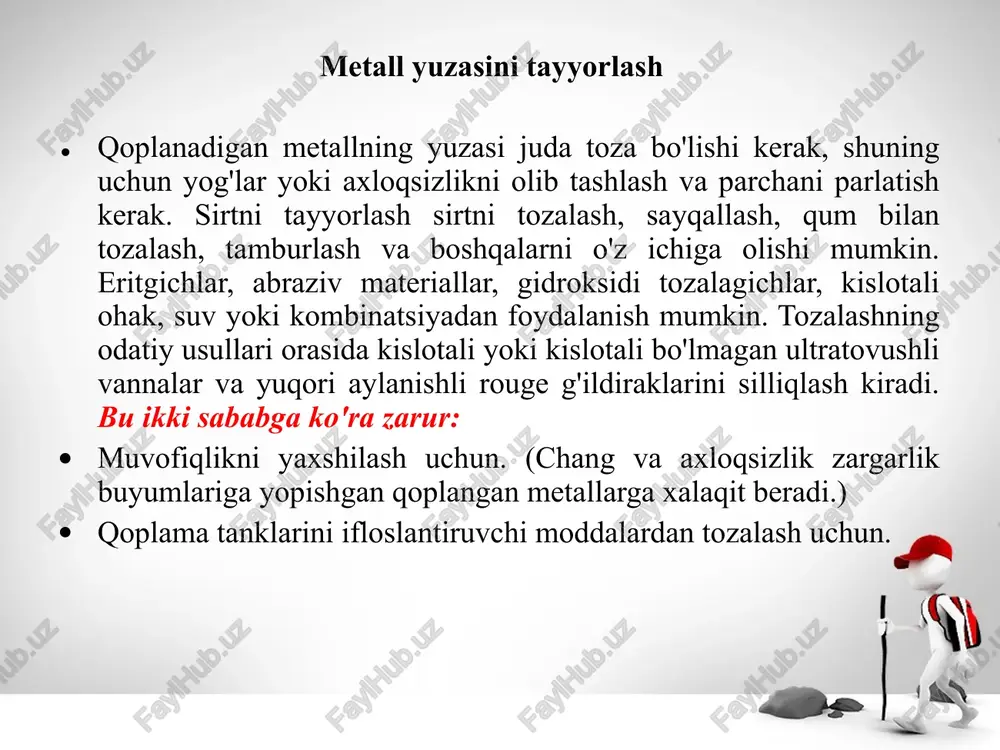 ki sababga ko'ra zarur: muvofiqlikni yaxshilash uchun. (chang va axloqsizlik zargarlik buyumlariga yopishgan qoplangan metallarga xalaqit beradi.) qoplama tanklarini ifloslantiruvchi moddalardan tozalash uchun. savollar 1. qoplama deganda nimani tushunasiz. metallni metall bilan qoplash jarayoni haqida nima bilasiz. metall qoplama ning asosiy vazifasi nimada qaysi metallni qoplash jarayining bilasiz. adabiyotlar semyonov v. e.. poddelki rossiyskix monet. spb.: konros-mnform, 2012 — 54-bet. isbn 978-5-94088-011-0. ↑ f.f. ajogin i gr. avtorov. galvanotexnika; spr. izdanie, 27300 ekz, moskva: metallurgiya, 1987 — 13-bet. isbn udk 621.357. (83). ↑ „osobennosti texprotsessov galvanoplastiki i galvanoformirovaniya“. 2018-yil 18-noyabrda asl nusxadan arxivlangan. qaraldi: 2018-yil 18-noyabr. image2.jpg image3.png image4.png image1.jpg /docprops/thumbnail.jpeg