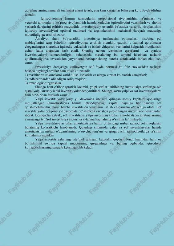 va o‘stirish uchun sarflanuvchi moddiy, mehnat va pul resurslaridir. ular asosan bir vaqtning o‘zida amalga oshiriladigan xarakterga ega bo‘lib, ishlab chiqarish xarajatlari yoki mahsulot tannarxi shaklidagi, joriy xarajatlardan farqqiladi. kapital qo‘yilmalar maqsadli xarakterga ega bo‘ladi hamda xodimlarga mukofot to‘lash, xizmat safari (komandirovka) xarajatlari va hokazolarga sarflanishi mumkin emas. kapital qo‘yilmalardan foydalanishning asosiy shakllari (yo‘nalishlari) quyidagilar hisoblanadi: · yangi qurilish; · korxonani kengaytirish va qayta tiklash; · ishlab chiqarishni zamonaviylashtirish va texnik jihatdan qayta qurollantirish; · harakatdagi quvvatlarni takomillashtirish. yangi qurilishga yangi maydonlarda maxsus ishlab chiqilgan loyihalar asosida quriluvchi korxona, bino, inshoot va qurilmalar mansubdir. faoliyat yuritayotgan korxonani kengaytirish qo‘shimcha ishlab chiqarish majmualarining navbatdagi qismlarini yangi loyiha asosida qurish yoki asosiy, qo‘shimcha, yordamchi va xizmat ko‘rsatuvchi ishlab chiqarishning amaldagi sexlarini kengaytirish yoki qurishni anglatadi. u asosan, faoliyat yuritayotgan korxona hududida yoki unga tutash maydonlarda amalga oshiriladi. qayta tiklash bu, faoliyat yuritayotgan korxonani ma’naviy va jismoniy eskirgan qurilma va asbob-uskunalarni ishlab chiqarishni …