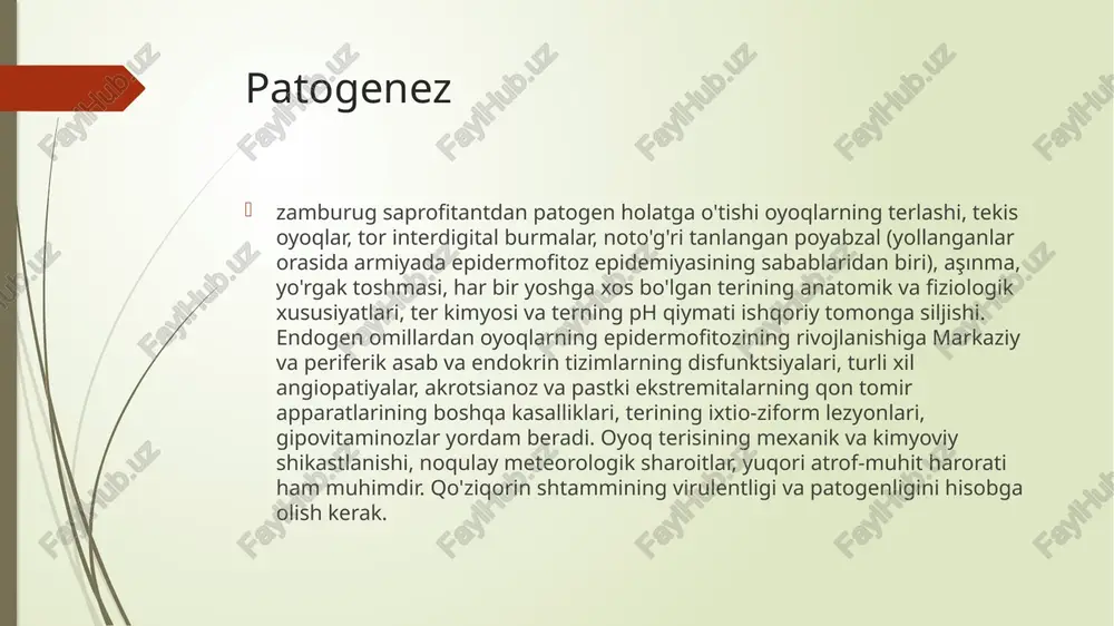 dastlabki o'zgarishlar tirnoqning erkin chetida sariq dog'lar, chiziqlar shaklida hosil bo'ladi. keyin gipertrofik shaklda butun plastinka qalinlashadi, sariq yoki och sariq rangga ega bo'ladi, osongina parchalanadi, sinadi, uning ostida tug'yonga ketgan massalarning to'planishi kuzatiladi (pastki giperkeratoz). atrofik shaklda tirnoqlar erkin chetidan yo'q qilinadi, tirnoq to'shagi ochilib, quruq va bo'shashgan shoxli massalar bilan qoplanadi. ba'zi hollarda plastinka ingichka bo'lib, tirnoq to'shagidan (onikoliz) rad etiladi. ko'pincha oyoq barmoqlarining i va v tirnoq plitalari ta'sirlanadi. barmoqlarning tirnoqlari faqat infektsiya paytida jarayonga jalb qilinadi!! rubrum. qo'ziqorin t. interdigitale odatda oyoqlarning iii-iv interdigital burmalarining terisiga, plantar yuzaga, oyoqlarning lateral yuzalariga ta'sir qiladi. oyoq barmoqlarining i va v tirnoqlari bemorlarning 25-30 foizida, ko'pincha normotrofik tipda ta'sirlanadi. tirnoq plastinkasining konfiguratsiyasi uzoq vaqt davomida o'zgarmaydi, ammo unda chiziqlar yoki sariq dog'lar paydo bo'ladi. mog'or qo'ziqorinlaridan kelib chiqqan onikomikoz odatda ikkilamchi bo'lib, turli sabablarga ko'ra onikodistrofiya fonida rivojlanadi. tirnoq plastinkasining rangi yashil, sariq, qora, jigarrang bo'lishi mumkin, paronixiya tez-tez …