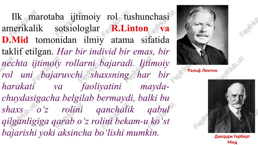 ki aspekt mavjud: texnik va fikriy. talaba o‘zining talabalik rolini qabul qilar ekan, uning qanday bajarilishiga e’tibor qaratadi, lekin ba’zi talabalar bu rolni o‘ziga qabul qilmaydilar va natijada majburiyatlarini to‘liq anglab yetmagan holda bu rolni bajaradilar. shaxs butun umr yoshi, oilaviy va kasbiy maqomi, shaxslararo munosabatlariga bog‘liq holda yangi rollarni o‘zlashtirib boradi. o‘zlashtirish ba’zida oson, ba’zan esa qiyin kechishi mumkin. leontev dmitriy alekseevich rollardagi nizolar. ma’lum bir rolni egallab turgan shaxsdan uning atrofidagi ma’lum bir guruh kutayotgan kutuvlarni amalga oshirilishi jarayonida sodir bo‘ladigan to‘qnashuv. ya’ni shaxs bir vaqtning o‘zida ikki yoki undan ortiq rolni bajarishga majbur bo‘lganda sodir bo‘ladigan holat. rollar nazariyasida ikki xil to‘qnashuv yoki nizo turi ajratiladi: rollararo va rollar ichida kuzatiladigan nizolar. rollararo to‘qnashuvga shaxsga bir vaqtning o‘zida bir nechta rol bajarish to‘g‘ri kelganda sodir bo‘ladi, chunki bunday vaziyatda u yoki bu rollarning talablarini bajarish uchun ruhan tayyor bo‘lmaydi (17 yoshli qiz kelinlik rolini eplashga zo‘rg‘a ulgurayotganida …