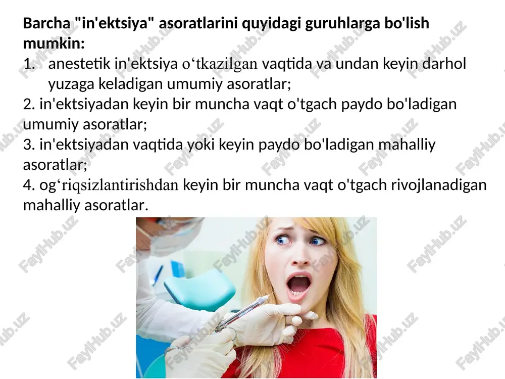 ma yoki orttirilgan nuqsonlar tufayli yurak shikastlanishi yoki yurak aritmi bilan bog'liq bo'lishi mumkin. bradiaritmik senkopasistoliya 5-10 sekunddan ortiq davom etganda paydo bo'ladi. to'satdan fonidakesiklaryurak urish tezligi daqiqada 20 martagacha. oldini olish: xonani ventilyatsiya qiling, salbiy hissiy ta'sirlarni yo'q qiling, uchrashuvni kutish vaqtini kamaytiring, agar iloji bo'lsa, bemorning "qoni bo'sh" bo'lsa, u bilan ishlamang. ish paytida bemorning ahvolini kuzatib boring. hissiy zaif bemorlarga trankvilizatorni qabul qilish tavsiya etiladi (elenium 0,005, seduxen 0,05,relanium0,05) yoki sedativ (valeriana damlamasi 30-40 tomchi, ona 20 tomchi, valokordin 40-50 tomchigacha) ushbu dorilarga allergiya tarixi bo'lmasa. davolash paytida bemorning nafas olishi bir tekis bo'lishini ta'minlang. davolash: bemorni gorizontal holatga qo'ying, tor kiyimning tugmalarini eching,toza havo oqimini ta'minlash, ammiak bug'ini nafas olish imkonini beradi,yuz va bo'yni sovuq suv bilan seping. bemorning roziligi bilan gemodinamik ko'rsatkichlar (bp; puls) normallashgandan so'ng keyingi davolanishni davom ettirish mumkin. davolashni o'tkazish kerakyarim gorizontalbemorning pozitsiyasi. bemor uning ahvoli to'liq normallashgandan so'ng, tercihen unga hamroh …