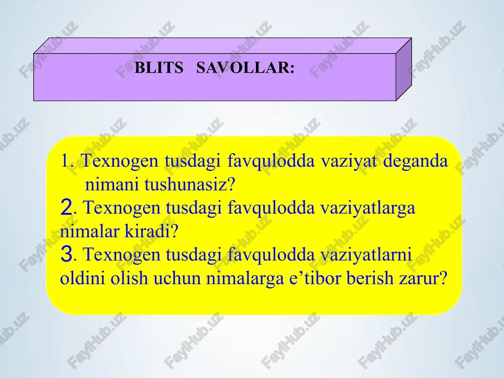 hora-tadbirlari haqida”gi qarori e’lon qilindi. ozbekiston respublikasi vazirlar mahkamasining 2011-yil 18-noyabr kuni “har yili yong’in xavfsizligi oyligini o’tkazish to’g’risida”gi qarori qabul qilindi. ishlab chiqazish sohasida faoliyat yuritayotgan har bir ishchi halokatlar yuz berganda harakatlanish qoidalarini mukammal o‘zlashtirgan bo‘lishi zarur. misol uchun, elektr energiyasini tarmoqdan uzishning ham o‘ziga xos talablari, gaz, bug‘ apparatlarini o‘chirishning ham o‘ziga xos qonun qoidalari mavjud bo‘lib, agar texnologik jarayonlar va texnika xavfsizligi qoidalariga amal qilinmasa, inson hayotiga ju-da katta xavf solishi yoki juda katta moddiy talofatlar keltirishi mumkin. har bir ishlab chiqazish sohasi xodimi halokatlar yuz berganda jamoa muhofaza inshootlari joylashgan yerlarni, xavfsiz joylarga chiqish yo‘llarini, yakka himoyalanish vositalari bilan ta’minlashni tashkil etishni va ulardan foydalanish tartibini bilishi lozim. texnologik uskunalarni germetizatsiyalash va ishlash tizimini doimiy nazorat qilish, shu bilan yong‘in va portlash xavflarini oldini olish zarur. elektr asboblar holatini, sig‘imi, qism va tarmoqlarini, bosim ostida ishlashini, nazorat-o‘lchov asboblarini, himoyalash va bloklash apparatlarining ish faoliyatini doimiy …