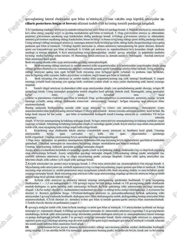 vchi aorta ii qovurg'a tog'ayi sohasida aorta ravog'iga o'tadi. bu soha yoshga qarab o‘zgarib 17—20 yoshda ii, 25—30 yoshda iii ko'krak umurtqasi sohasiga tushadi. aorta ravog'i (arcus aortae) ii qovuig'a tog'ayi orqa yuzasidan chapga va orqa tomonga yo'nalib, iv ko'krak umurtqasi sohasida pastga tushuvchi aortaga o'tib ketadi. shu yerda biroz toraygan qism aorta bo'yinchasi (isthmus aortae) bor. aorta ravog'ining ko'tarilgan yuzasidan uchta yirik arteriya: yelka-bosh poyasi, chap umumiy uyqu va chap o'mrov osti arteriyalari boshlanadi. uning botiq yuzasidan kekirdak, bronx va qalqonsimon bezga bir nechta mayda arteriyalar chiqadi. aortaning pastga tushuvchi qismi (pars desendens aortae) iv ko'krak umurtqasi sohasidan boshlanib, iv bel umurtqasi sohasida o'ng va chap umumiy yonbosh arteriyalariga bo'linadi. bo'lingan joyi bifurcatio aortica deb ataladi. aortaning davomi esa ingichka dumg'azaning o'rta arteriyasiga (a. sacralus mediana) aylanib, dumg'azaning chanoq yuzasidan pastga tomon yo'naladi. aortaning pastga tushuvchi qismi, o'z navbatida, ko'krak va qorin qismlariga ajratiladi. aortaning ko'krak qismi (pars thoracica …