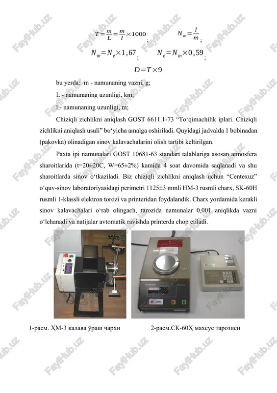 hini aniqlovchi pribor. haqiqiy namlik – bu tajriba yo‘li orqali jihozlar yordamida aniqlangan namunaning tarkibidagi suv bug‘larining % dagi miqdoridir. bu erda: m – namunaning quritishdan oldingi vazni, g; mq – namunaning quritishdan keyingi o‘zgarmas vazni, g. muvozanat namlik – namunaning atmosfera sharoitlarida saqlash natijasida olgan namligi. meyoriy namlik– meyoriy hujjatlarda belgilangan namlik. iplarning namligi gost 6611.4-73 “to‘qimachilik iplari. namlikni aniqlash usullari” bo‘yicha aniqlanadi. quyidagi jadvalda namuna olish tartibi keltirilgan. image4.wmf oleobject4.bin image5.wmf oleobject5.bin image6.wmf oleobject6.bin image7.wmf oleobject7.bin image8.jpeg image9.jpeg image10.jpeg image11.jpeg image1.wmf oleobject1.bin image2.wmf oleobject2.bin image3.wmf oleobject3.bin m l n m = 67 , 1 ´ = e m n n 59 , 0 ´ = m e n n 9 ´ = t d ) 100 ( ) 100 ( h n h k w w m m + + ´ = 1000 ´ = = l m l m t