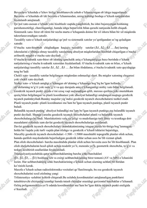 burchagi deyiladi. meridianlar yaqinlashishhaqiqiy azimut bilan direkstion burchak bir-biridan g burchakka farq qiladi. bu burchak - meridianlar yaqinlashishburchagi deyiladi. rumb - boshlang’ich yo’nalishning shimoliy va janubiy tomoni bilan, chiziq yo’nalishi orasidagi burchakdir. rumb 0° dan 90° gacha o’zgaradi karta - er yuzining ellipsoid sirtidagi gorizontal proekstiyasining qog’ozda kichraytirilgan tasviridir plan - er yuzining yassi deb qabul qilingan bo’lagining tekis sathiy yuzaga tushirilgan gorizontal proekstiyasining qog’ozdagi kichraytirilgan tasviridir. topografik plan- karta ma’lum kartografik proekstiya yoki zonal sistemasidagi to’g’ri burchakli koordinatada tuziladi; plan esa ko’pichna shartli yoki maxalliy to’g’ri burchakli koordinata sistemasida tuziladi. topografik plan-1:5000 va undan yirik bo’lsa. topografik karta -1:10000 - 1:500000 geografikkarta 1:1000000 va undan kichik bo’lsa -; obzor topografik kartalar- 1:200000 - 1:500000 gacha bo’lgan kartalar obzor topografik kartalar deb ham yuritiladi. maxsus kartalar - er yuzidagi ob’ektlardan tashqari turli tabiiy va ijtimoiy hodisalar ham tasvirlangan geografik kartalar maxsus kartalar deb yuritiladi matematik elementlari- topografik kartaning kartografik to’ri, …
