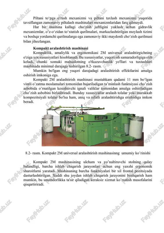 u cho‘zish qurilmalari pilta taxlash mexanizimi oldida o‘rnatiladi. qo‘shimcha cho‘zish moslamasidan foydalanish melanjerdan an'anaviy chiziqiy zichlikdagi piltani (20 g/m) chiqarishga imkon berdi, ya'ni uni melanjirdan keyingi piltalash mashinasida ikki marta ko‘p pilta qo‘shib qayta ishlashga imkon beradi. ushbu ijobiy omil bilan bir qatorda, mahsulotni mashinadan cho‘zib olish piltada qo‘shimcha notekislikni keltirib chiqaradi. mdh korxonalarida sant'andrea novarra (italiya) va schlumberger (fransiya) kompaniyalarining melanjlari o‘rnatilgan. ikkala melanjir ham ikki kallakli; har bir kallak yuqorida tavsiflangan qurilmaga o‘xshash ikki maydonli ignali cho‘zish mexanizmi bilan jihozlangan. mashinalar tazlardan yoki to‘plardan ta’minlanishi mumkin, kallaklarda qo‘shilishlar soni 12 tagacha. piltalar to‘pga (o‘ramga) yoki tazga chiqariladi. kallaklardagi piltalarni cho‘zib olish natijasida olingan xolstcha 1 (8.1-rasm.), sillikq metall stolsha 2 ga kiradi va har biri 3 yonaltiruvchi atrofida egilib, ta’minlovchi moslamasiga 4 ga boradi. stolchada xolstchalar qo‘shiladi: qo‘shilishlar soni mashinadagi kallaklar soniga teng. ba'zi mashinalarda (masalan, sant'andrea novarra kompaniyasidan) piltalarni birlashtirib olingan xolstchaning tolali tarkibiga qarab 1,5÷3,5 martagacha …
