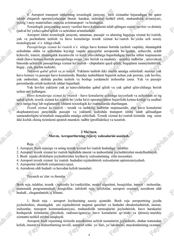 chegaralangan muddatga uchish uchun jihozlangan. foydalanish vaqti bo`yicha quyidagicha bo`linadi: - kecha - kunduz surunkasiga ishlaydigan - kunning barcha vaqtida havo kemalarining xavfsiz va doimiy ekspluatatsiyasini ta'minlaydigan vositalar bilan ta'minlangan ; - kunduzgi - kunduzgi uchishlar uchun tayyorlangan. aerodromlar hk lariga xizmat ko`rsatish tavsifi, turi va joylashishi bo`yicha quyidagi turlarga bo`linadi: - bazali (asosiy)- havo liniyalariga, havo liniyalar tizimiga, fuqaro aviatsiyasining maxsus yoki hududiy bo`limlariga xizmat qiluvchi havo kemalarining bazasi uchun zarur; - zaxira - aerodromlar havo liniyalari bo`yicha qatnaydigan havo kemalarining u yoki bu turga tasodifiy, ahyon-ahyonda xizmat ko`rsatishi uchun mo`ljallangan; - oxirgi - bu havo liniyasining biror tomondagi oxirida, oraliq - havo liniyasining oraliq uchastkasida joylashgan aeroportlardir. aerodromlar oltita sinf (a, b, v, g, d, e) ga bo`linadi. bu standart sharoitda sun'iy qoplamali asosiy uchish - qo`nish tasmasining uzunligiga bog`liq. fuqaro aviatsiyasida ekspluatatsiya sinovlari, kelajakdagi o`zgarishni hisobga olib, havoda tashishni tashkil qilish va ta'minlashga asosan aeroportlar aviatashishni hajmi …
