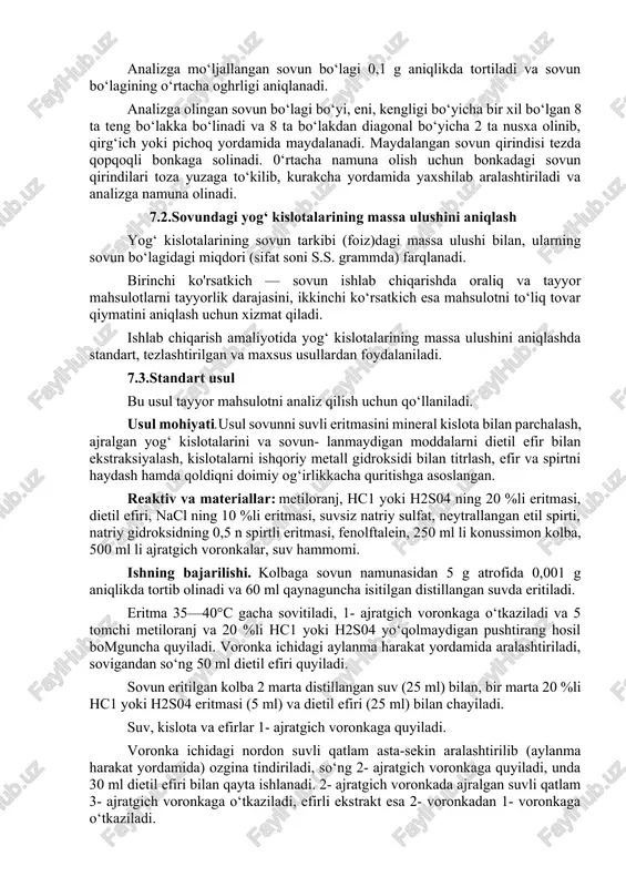 tkich. ishning bajarilishi. analitik tarozida chinni yoki platinali tigelga 0,5 g 3- navli, 2,5 g 2- navli, 15 g 1- navli 40 g distillanganidan glitserin olinadi. glitserin asta-sekin bug‘lantiriladi, xlor birikmalari uchib ketmasligi va sulfid hosil bo‘lmasligi uchun ehtiyotlik bilan qizdiriladi. glitserin bug‘lari ajralib borigach, tigel qopqoq yoki tuzsiz filtr qog‘ozi bilan yopiladi. qizdirish kul hosil bo‘lguncha kuchaytiriladi, so'ngra mufelda och qizil holat va doimiy og‘irlikgacha toblantiriladi. 1,5—2 soatdan keyin namuna sovitilib tarozida tortiladi, keyingi tortishlar har 30 minutda bajariladi. kul miqdori x (%da) quyidagi formula bo‘yicha aniqlanadi: x = mi ■ 100/m, bunda: ml — toblantirgandan keyingi qoldiq massasi, g; m — glitserin namunasining massasi, g. atir sovundagi yog’ kislotalari miqdorini aniqlash. 7.1. sovunning analizi analizga mo‘ljallangan sovun bo‘lagi 0,1 g aniqlikda tortiladi va sovun bo‘lagining o‘rtacha oghrligi aniqlanadi. analizga olingan sovun bo‘lagi bo‘yi, eni, kengligi bo‘yicha bir xil bo‘lgan 8 ta teng bo‘lakka bo‘linadi va 8 ta bo‘lakdan …