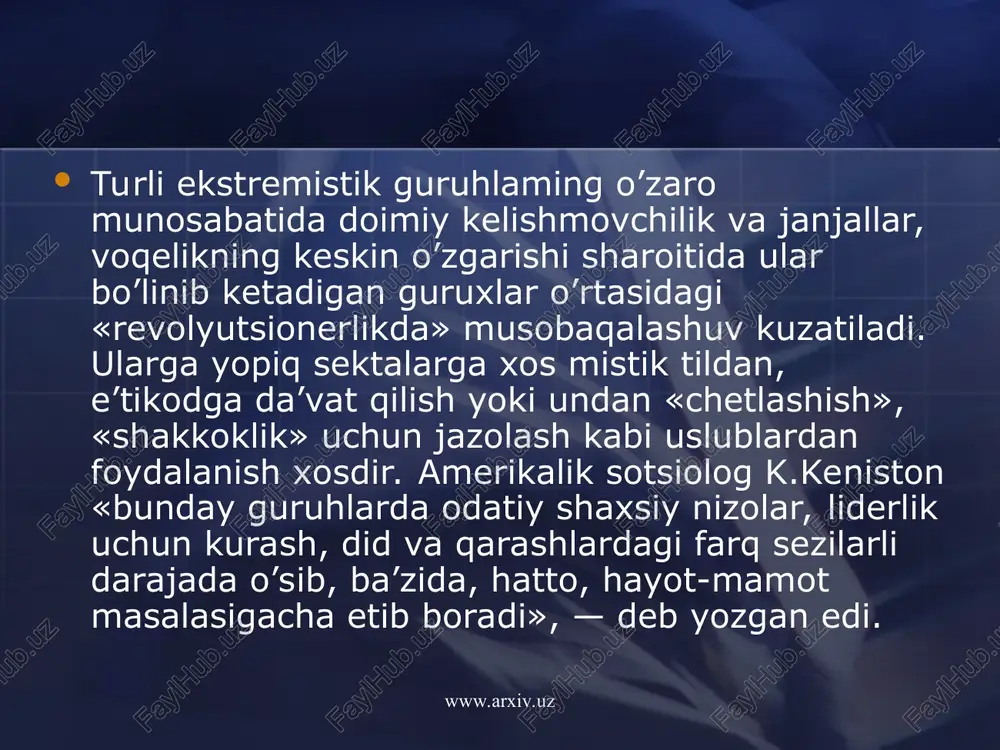 ilar. shunday ekan, ekstremizmni faqat muayyan din bilan poklash mutlaqo asossizdir. xususan, islom dini, turmush tarzi va qadriyatlar majmui sifatida hech qachon ekstremistik tuzilmalaming go’yoki, din va musulmon jamoasi ravnaqi yo’lida amalga oshirayotgan terrorchilik xuruj-larining asosiy sababi sifatida qaralishi mumkin emas. www.arxiv.uz www.arxiv.uz shunisi diqqatga sazovorki, ekstremistik ruxdagi tuzilmalaming hech biri biror bir shaklda o’zlari jar solayotgan, o’zlari «intilayotgan» jamiyat qurilishi modelini taklif etolmaydi. kommunizm, xalifalik — «umumiy farovonlik va sog’lom mutanosiblik jamiyati» oliy maqsad deb ko’rsatilgan holda, qo’rquv va buzg’unchilik ularga erishish yo’li sifatida taklif etiladi. bu esa, o’z vaqtida mashhur bo’lgan, rossiya va evropada uzoq yillar davomida buzg’unchilik yo’lida terrorchilik .usullarini qo’llah-kelgan. tuzilmalar faoliyatini oziqlantirib kelgan anarxizm g’oyalari bilan xamohanglik kasb etadi. www.arxiv.uz www.arxiv.uz hozirgi davrda ko’plab ekstremistik uyushmalar va aqidaparastlar turli dinlar, shu jumladan, xristianlik, islom, yahudiylik dinlari ta’limotidan foydalanmokdalar. shu bilan birga, diniy ritorika ularga ko’zda tutilayotgan jamiyatning aniq shaklu shamoyilini takdim etmagan holda (bu ular …