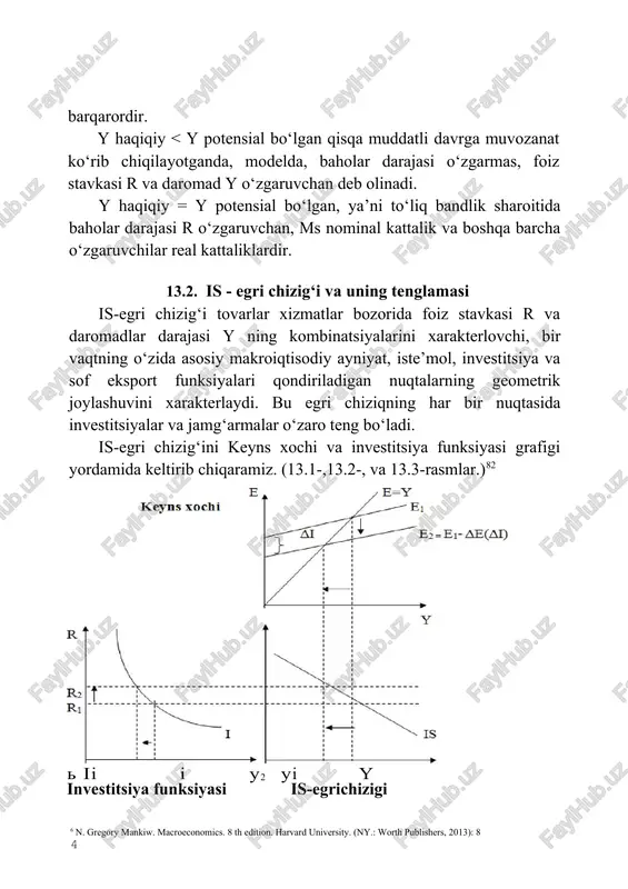 ida vujudga keladigan foiz stavkasi va daromadlar darajasi o‘rtasidagi o‘zaro bog‘liqlikni aks ettiradi. lm egri chizig‘ining har bir nuqtasida pulga talab md pul taklifi ms ga teng bo‘ladi (liquidity preferense = money supply). pul bozorida bunday muvozanatga daromad y ning oshishi bilan foiz stavkasi r ko‘tarilsagina erishiladi. ma’lumki, pulga talab miqdoriga foiz stavkasidan tashqari daromadlar darajasi ham ta’sir ko‘rsatadi. daromadlar yuqori bo‘lsa, xarajatlar ham ko‘p bo‘ladi. bu esa, o‘z navbatida iste’mol va boshqa xarajatlar uchun pulga talabni oshishiga olib keladi. shunday qilib, daromadlar darajasining yuqoriroq bo‘lishi pul talabini oshiradi. boshqacha aytganimizda, daromad va pulga talab dinamikasi o‘rtasida to‘g‘ri bog‘liqlik mavjud. pulga talab funksiyasini quyidagicha yozamiz: m/r= l(r;y) pul bozori holatini belgilovchi ko‘rsatkichlar o‘rtasidagi bunday o‘zaro munosabatlarni 13.4-, 13.5 rasmlarda tasvirlaymiz. 13.4- rasmdan ko‘rinib turibdiki, pulga bo‘lgan talab, foiz stavkasi pasayishi bilan, shuningdek, daromadlar ko‘payishi natijasida ham oshadi. daromadlarning oshishi natijasida pulga talab egri chizig‘i md1 yuqori surilib, md2 holatini egallaydi …
