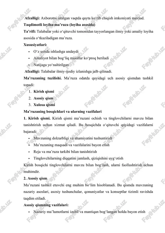 ‘lsa taqqoslash va tahlil qilish · tinglovchilarning diqqatini saqlash uchun savollar berish yoki kichik topshiriqlar berish bu bosqichda o‘qituvchi o‘zining bilimini to‘liq va tushunarli tarzda yetkazishi, tinglovchilarni mavzu bo‘yicha fikrlashga jalb qilishi zarur. 3. xulosa qismi xulosa — ma’ruzani yakunlash qismidir. bu yerda o‘qituvchi asosiy fikrlarni umumlashtiradi va tinglovchilarga mavzu bo‘yicha aniq natijalarni taqdim etadi. xulosa qismining vazifalari: · ma’ruzaning asosiy nuqtalarini qisqacha takrorlash · mavzu bo‘yicha asosiy fikr va qarashlarni mustahkamlash · tinglovchilarga mavzu yuzasidan savollar berish yoki muhokama uchun taklif qilish · keyingi dars yoki mavzular bilan bog‘lanish, tavsiyalar berish yaxshi tashkil etilgan xulosa tinglovchilarda mavzu bo‘yicha yaxlit tushuncha hosil qilishiga xizmat qiladi. ma’ruza tuzilishining ahamiyati aniq va mantiqiy tuzilishga ega bo‘lgan ma’ruza: · o‘quvchilarda mavzuni tushunish va eslab qolishni oshiradi · o‘qituvchining o‘z fikrini tizimli ifodalashiga yordam beradi · ta’lim jarayonini samarali tashkil etishga xizmat qiladi · tinglovchilarning faol ishtirokini ta’minlaydi · ma’ruzaning qiziqarli va ta’sirli o‘tishiga …