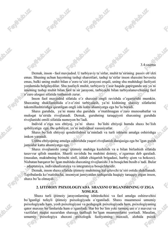 psixologik faoliyatning maxsuli, alohida psixik jarayonlarning egasi deb qaraydi. ya’ni ijtimoiy psixologiya avvalo biror guruhning a’zosi hisoblangan shaxs xulq-atvori qanday qonuniyatlarga buysunishini, shaxsning muloqotlar sistemasida olgan ta’sirlari uning ongida qanday aks topishini o`rganadi. shaxs muammosiga ijtimoiy-psixologik yondoshishning o`ziga xosligi shundaki, u turli guruhlar bilan bo`ladigan turli shakldagi o`zaro munosabatlarning oqibati sifatida qaraladi. guruhning shaxs psixologiyasiga ta’siri qay yusinda sodir bo`lishi ijtimoiy psixologiyada ijtimoiylashuv muammosi bilan uzviy bogliq bo`lsa, bu ta’sirlarning shaxs hatti-harakatlari, xulqida bevosita qanday namoyon bo`lishi ijtimoiy yo`l-yo`riqlar muammosi bilan bog`liqdir. ana shular asosida shaxsda shakllanadigan fazilatlar va ularning turli tipdagi shaxslarda namoyon bo`lishini aniqlagan holda, shaxs xulq-atvorini boshqarish mexanizmlarni ishlab chiqish ijtimoiy psixologiyaning asosiy vazifalaridan biridir. sh a x s s o ts i a l izatsiyasi to`g’risida gap ketarkan uning fanda ko`pincha "shaxs tarakkieti" yoki "tarbiyasi" tushunchalari bilan sinonimdek ishlatilishiga aloxida e`tibor berish kerak. lekin sotsializatsiya sof ijtimoiypsixologik tushuncha bo`lib. aytib utilgan tushunchalardan fark kiladi. sotsializatsiya bu …