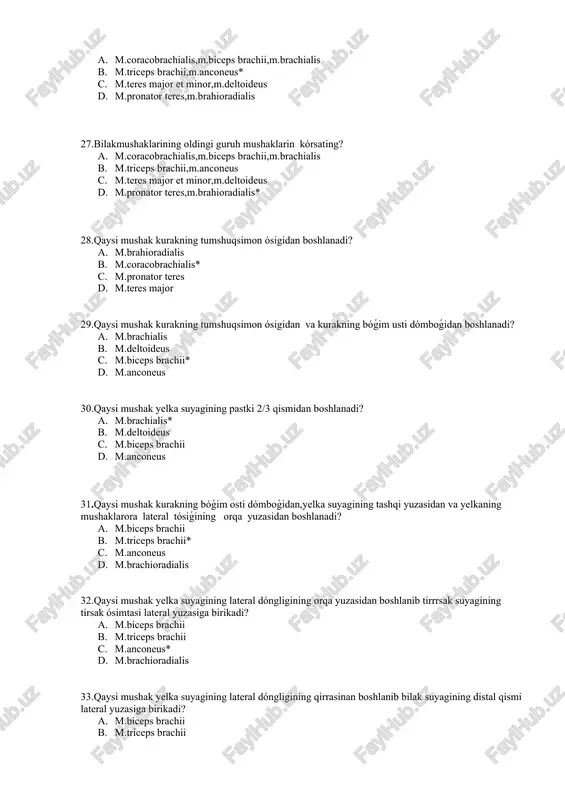 hlanib kaft aponevroziga birikadi? a. m.flexor carpi radialis b. m.palmaris longus* c. m.flexor carpi ulnaris d. m.pronator teres 37.qaysi mushak yelka suyagining medial dóngligidan,bilakfatsiyasining chuqur plastinkasidan boshlanib nóxotsimon suyakga birikadi? a. m.flexor carpi radialis b. m.palmaris longus c. m.flexor carpi ulnaris* d. m.pronator teres 38.bilak mushaklarining ikkinchi qavatiga qaysi mushak kiradi? a. m.flexor digitorum profundus b. m.flexor digitorum superficialis* c. m.flexor pollicus longus d. m.pronator quadrates 39. bilakmushaklarining uchinchi qavatiga qaysi mushak kiradi? a. m.flexor digitorum profundus* b. m.flexor digitorum superficialis c. m.flexor pollicus brevis d. m.pronator quadrates 40. bilakmushaklarining tórtinchi qavatiga qaysi mushak kiradi? a. m.flexor digitorum profundus b. m.flexor digitorum superficialis c. m.flexor pollicus brevis d. m.pronator quadratus* 41.qaysi mushak bilak suyagining yóqori qismi oldingi yuzasidan boshlanib bosh barmoqning distal falangasining asosiga birikadi? a. m.flexor digitorum profundus b. m.flexor digitorum superficialis c. m.flexor pollicus longus* d. m.pronator quadratus 42.qaysi mushak yelka suyagining medial dóngligidan,bilak suyagining oldingi 2/3 qismidan …