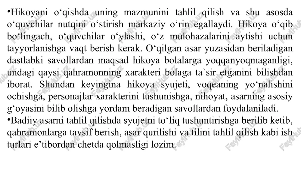 h malakasini egallash, mazmun va voqealar orasidagi bog‘lanishni to‘liq esda saqlab qolishda o‘quvchilarga yordam beradi. 1. hikoyani o‘qishga tayyorlash (hikoyadagi kabi odamlar hayoti va davrga xarakteristika berish va boshqa). 2. hikoyani o‘qish (bunda to‘liq va ma’no jihatdan tugal qismni o‘qituvchi yoki oldindan tayyorlangan o‘quvchi ifodali o‘qishi mumkin). 3. lug‘at ustida ishlash. 4. idrok etishni tekshirish (qatnashuvchilarning xatti-harakatlari, shaxslar va voqealar o‘rtasidagi munosabatlar, badiiy vositalar yuzasidan qisqacha suhbat). 5. hikoyani qayta o‘qish (qismlarga bo‘lib, rollarga bo‘lib o‘quvchilarga o‘qitish). 6. hikoyaning har bir bo‘limi (qismi) yuzasidan suhbat uyushtirish, hikoya rejasini tuzish. 7. reja asosida qayta hikoyalash. 8. hikoya asosida ijodiy va mustaqil ishlar. 9. hikoyani ifodali o‘qishga yoki sahnalashtirishga tayyorlanish (sinfda yoki uyda). 10. hikoyani ifodali o‘qish va ifodali qayta hikoyalash. hikoyani izohli o‘qish darsini quyidagicha reja asosida olib borish mumkin: mavzu. shirin qovunlar mamlakatida. o‘quv materiali. qovun sayli (sh.sa’dulla). darsning turi: yangi bilim beruvchi, hikoya o‘qish darsi. dars shakli: noan’anaviy dars. …