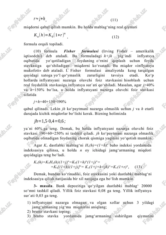 27400. so‘m bo‘ladi. javob. k3=25200; k3(h)=23100; r=0,ll; k3=27400. nazorat savollari 1. inflyatsya nima? 2. inflyatsya indeksi va inflyatsya sura`tini ta`riflang. 3. yalpi milliy mahsulot (yamm) uchun inflyatsya indeksi qanday hisoblanadi? 4. agar oylik inflyatsya indeksi ma`lum bo‘lsa bir yillik inflyatsya indeksi qanday topiladi? 5. inflyatsya sura`ti nazarga olinadigan n oyda ustama foiz hisobiga oshgan mablag‘ miqdori qanday formula orqali topiladi? 6. fisher formulasi qanday? 7. “inflyatsya mukofoti” nima? 8. foiz stavkasi qanday indeksasiya qilinadi? mustaqil yechish uchun masalalar 1. agar oylik inflyatsya indeksi 0,05 bo‘lsa, u holda 6 oydagi inflyatsya indeksi qanday bo‘ladi? 2. agar har oyda inflyatsya sur`ati 8% bo‘lsa, u holda 1 yilga qarz beruvchi shaxs qanday foiz stavkasini tanlanganda zarar ko‘rmaydi? 3. a shaxs 500000 so‘m pulni 5% oylik foiz stavkasi bilan bank depozitiga qo‘ygan. agar oylik inflyatsya sur`ati 0,04 bo‘lsa, u holda bu shaxsning 1 yildagi real daromadi qancha bo‘ladi? 4. jadvalda turli yillardagi narxlar indeksi …