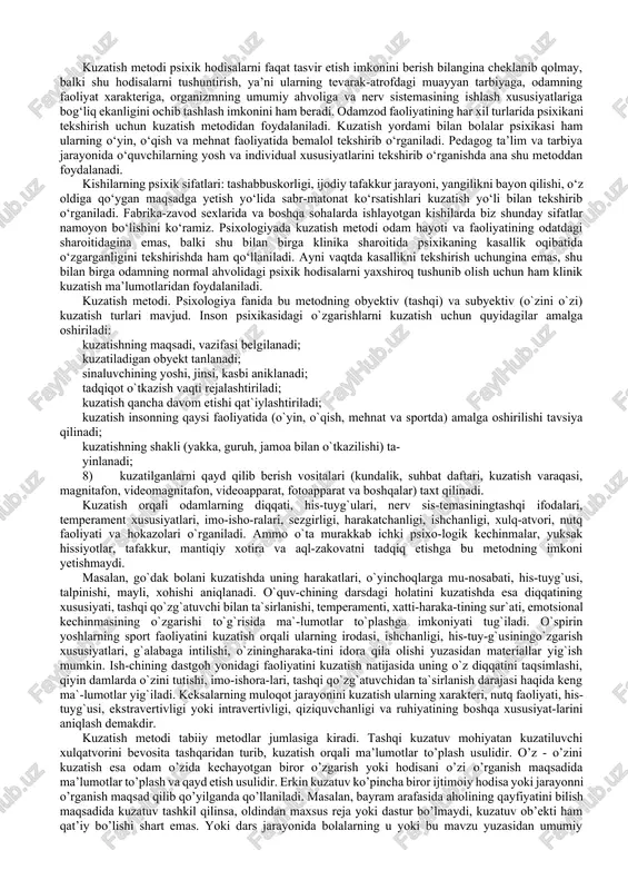 tushuntirish, ularning qonuniyatlarini kashf etishdan iborat. obyektiv metoddan foydalangandagina bunga erishish mumkin. ammo, o‘z-o‘zini kuzatish metodining yuqorida aytilgan kamchiliklari bu metodni psixologiyada keraksiz, g‘ayriilmiy metod deb butunlay rad etishga asos bo‘lmasligi kerak, albatta. bu kamchilik va qiyinchiliklarning hammasi ham o‘z-o‘zini kuzatishda uchrashi mumkin, lekin ular hamisha, o‘z-o‘zini kuzatishning har qandayida bo‘lavermaydi. avvalo, odam o‘z-o‘zini kuzatish obyekti bo‘lolmaydi, degan da’voni asossiz deb bilish kerak. odam ongi taraqqiy etgan bo‘lsa, ma’lum psixik jarayonlarni baravariga boshdan kechirishi ham, kuzatishi ham mumkin, odamning xususiyati ham shundan iborat. odam kuzatish bilangina cheklanib qolmay, psixik jarayonlarga ta’sir o‘tkazishi, turli psixik jarayonlarni yuzaga chiqarishi, o‘zgartirishi, kuchaytirishi va to‘xtatishi mumkin. bu har kimga yaxshi ma’lum bo‘lgan faktdir. har qanday ishda uchraydigan qiyinchiliklar kabi o‘z-o‘zini kuzatishda uchraydigan qiyinchiliklar ham hamisha bartaraf qilib bo‘lmaydigan qiyinchiliklar emas, albatta. kuchli emotsional holatlardagina o‘z-o‘zini kuzatish mumkin bo‘lmay qolishi mumkin. bundan tashqari, psixik hayot hodisalarini dastlab boshdan kechirish paytidagina o‘rganish shart emas, ularni esga …