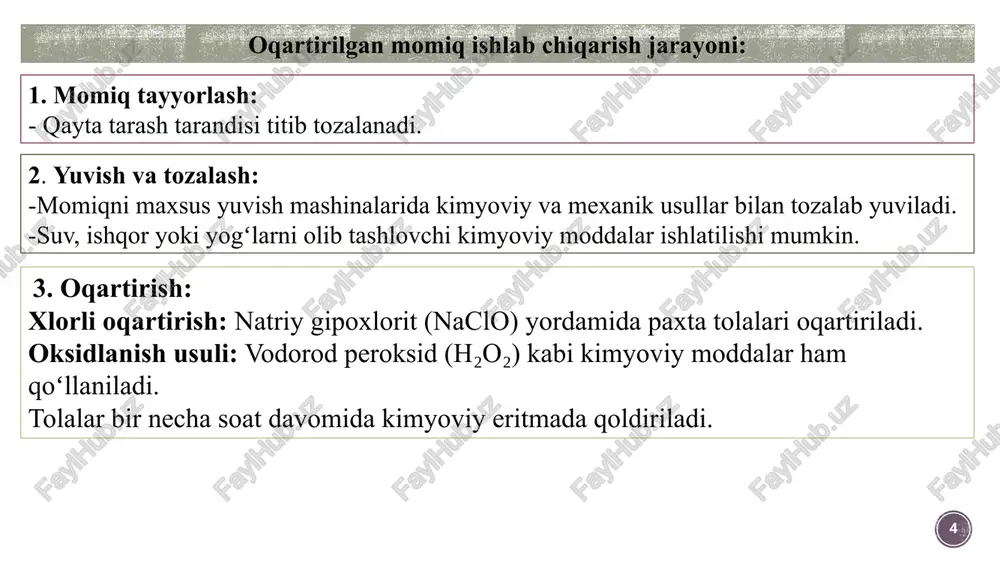 moddasi bilan ishlov beriladi. natijada tolalar oqarib, tez ho‘llanish va namlikni shimib olish xossasiga ega bo‘ladi. 19 oqartirilgan momig‘i ishlab chiqarishning xususiyatlari. qaynatish jarayonida yuqqan moylar va mumlarni yuvib tashlash maqsadida tolali massa sovunlanadi. xom ashyo qaynatilgandan so‘ng sovunlangan (ohaklangan, alyumin oksidli va h.k.) mahsulotlarni chiqarib yuborish uchun avval qozonda, keyin yuvadigan maxsus oval mashinada yuviladi. qoralarni yuvadigan mashinada yuvilgandan so‘ng xom ashyo yog‘ochli yoki beton baklarga solinadi, bu yerda avval 1,5 soat muddatda 0,2% li sul fat kislotasi eritmasida ivitiladi. so‘ngra 1,5 soat moboynida yuviladi, 0,2-0,3° li gipoxlorid natriy (naclo) eritmasida 12 soat ivitib oqartiriladi, so‘ngra yana suv bilan yuviladi, ikkinchi marta 0,7-0,8% li sulfat kislota bilan ivitiladi va oval yuvish mashinasida yaxshilab yuvi-ladi. natijada juda ham toza, och sariq rangdagi mahsulot hosil bo‘ladi; odatda tiniq oq rang olish uchun momiq sinkalanadi. sirka kislotasi qo‘shilgan (1 l suvga ga 0,1 g) toza yuvish mashinasida yuvilgandan so‘ng g‘ajir-g‘ujirlik hosil bo‘ladi. …