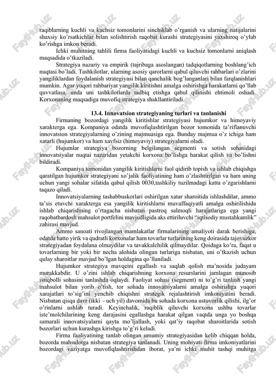 ishning ratsionalligi va sifati nuqtai nazaridan yangilik kiritishlarning tejamkorligiga va amalga oshirilishiga erishish. korxonaning umumiy strategiyasi va ilmiy – texnik taraqqiyot sohasidagi strategiya o’rtasidagi aloqa, hammadan avvalo, yangi mahsulotni tadbiq etilishi va ishlab chiqarish jarayonidagi o’zgarishlarda amalga oshiriladi. ilmiy – texnik yangiliklar sohasidagi strategiya korxonada uning faoliyati muammolarining butun majmuasi bilan uzluksiz bog’liq qayta ishlab chiqarish jarayonlarini rivojlanishi strategiyasi doirasida amalga oshiriladi. yangi mahsulotni tadbiq etish strategiyasi korxona nimani, qachon va qanday, qanday texnik – iqtisodiy darajada, hamda qanday sharoitlarda ishlab chiqarishini belgilab beradi. u rezervlardan talablar darajasini oshirib, ularni bajarishning asosiy yo’llarini ratsionallashtirgan holda, qachon va qanday foydalanishni ko’rsatadi. yangilik kiritishlar strategiyasini umumiy strategiya konteksti bilan qanday munosabatlarda bo’lishi, bu yangiliklar ajratilgan holda vujudga keladilarmi, bular juda muhimdir. bu holda ularni hayotga iqtisodiy tadbiq etilishi ularni paydo bo’lishi bosqichidayoq buzilish xavfi ostida bo’ladi. innovatsion strategiya korxonadagi qayta ishlab chiqarish jarayonini rivojlanishining, uning sifatiy ta’riflari nuqta nazaridan samarali dinamikasini ta’minlaydi. …