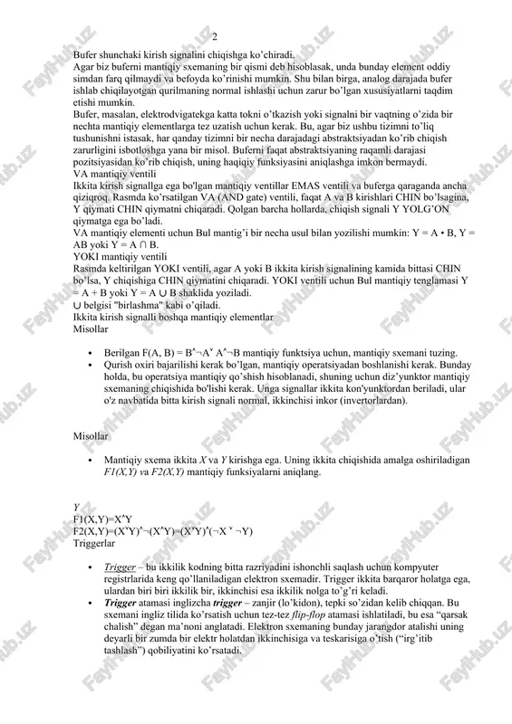 a, analog darajada bufer ishlab chiqilayotgan qurilmaning normal ishlashi uchun zarur bo’lgan xususiyatlarni taqdim etishi mumkin. bufer, masalan, elektrodvigatekga katta tokni o’tkazish yoki signalni bir vaqtning o’zida bir nechta mantiqiy elementlarga tez uzatish uchun kerak. bu, agar biz ushbu tizimni to’liq tushunishni istasak, har qanday tizimni bir necha darajadagi abstraktsiyadan ko’rib chiqish zarurligini isbotloshga yana bir misol. buferni faqat abstraktsiyaning raqamli darajasi pozitsiyasidan ko’rib chiqish, uning haqiqiy funksiyasini aniqlashga imkon bermaydi. va mantiqiy ventili ikkita kirish signallga ega bo'lgan mantiqiy ventillar emas ventili va buferga qaraganda ancha qiziqroq. rasmda ko’rsatilgan va (and gate) ventili, faqat a va b kirishlari chin bo’lsagina, y qiymati chin qiymatni chiqaradi. qolgan barcha hollarda, chiqish signali y yolg’on qiymatga ega bo’ladi. va mantiqiy elementi uchun bul mantig’i bir necha usul bilan yozilishi mumkin: y = a • b, y = ab yoki y = a ∩ b. yoki mantiqiy ventili rasmda keltirilgan yoki ventili, agar …