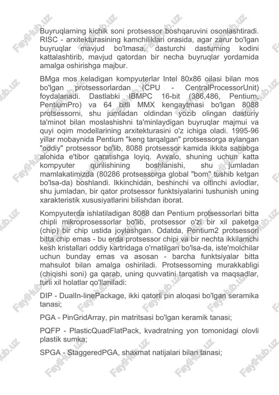 uqlar turli uzunligi va bajarilish vaqti bor. risc - arxitektura cheklangan qatorli buyruqlarga ega va har bir buyrug'i protsessorning bir davrida amalga oshiriladi. buyruqlarning kichik soni protsessor boshqaruvini osonlashtiradi. risc - arxitekturasining kamchiliklari orasida, agar zarur bo'lgan buyruqlar mavjud bo'lmasa, dasturchi dasturning kodini kattalashtirib, mavjud qatordan bir necha buyruqlar yordamida amalga oshirishga majbur. bmga mos keladigan kompyuterlar intel 80x86 oilasi bilan mos bo'lgan protsessorlardan (cpu - centralprocessorunit) foydalanadi. dastlabki ibmpc 16-bit (386,486, pentium, pentiumpro) va 64 bitli mmx kengaytmasi bo'lgan 8088 protsessorni, shu jumladan oldindan yozib olingan dasturiy ta'minot bilan moslashishni ta'minlaydigan buyruqlar majmui va quyi oqim modellarining arxitekturasini o'z ichiga oladi. 1995-96 yillar mobaynida pentium "keng tarqalgan" protsessorga aylangan "oddiy" protsessor bo'lib, 8088 protsessor kamida ikkita sababga alohida e'tibor qaratishga loyiq. avvalo, shuning uchun katta kompyuter qurilishining boshlanishi, shu jumladan mamlakatimizda (80286 protsessorga global "bom" tushib ketgan bo'lsa-da) boshlandi. ikkinchidan, beshinchi va oltinchi avlodlar, shu jumladan, bir qator protsessor …