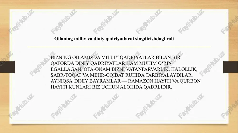ishonch va samimiyat hukmron bo‘lgan uyda farzandlar sog‘lom, xushxulq va ijobiy fikrlovchi inson bo‘lib ulg‘ayadi. aksincha, mojarolar ko‘p bo‘lgan oilada bolalar qo‘rquv, ishonchsizlik, g‘am va tashvish bilan o‘sadi. shuning uchun har bir ota-ona uyda iliq, tinch, mehrga to‘la muhit yaratishi kerak. ota-onaga hurmat ota-ona – inson hayotidagi eng aziz zotlar. ularning duolari – farzand uchun eng katta baxt. diniy jihatdan ham ota-onaga hurmat qilish eng ulug‘ burchlardan biri hisoblanadi. qur’onda: “rabbingiz sizga faqat o’ziga ibodat qilishni va ota-onaga yaxshilik qilishni amr etdi” deyiladi. farzand ota-onasining xizmatida bo‘lsa, hayotida baraka va tinchlik bo‘ladi. farzandlik burchi farzandlik burchi – bu ota-onaning duosini olish, ularni xafa qilmaslik, mehr bilan parvarish qilish. har bir farzand o‘z ota-onasining mehnatini qadrlashi, ularning orzularini ro‘yobga chiqarishga intilishi kerak. “ota-onaning rozi – allohning roziligi” degan hikmat bejiz aytilmagan. oila va ta’lim oila – bola uchun birinchi va eng muhim maktabdir. bola hayotdagi birinchi so‘zini, ilk qadamini, odob-axloqni aynan …
