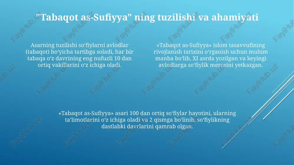 bu uning ma'naviy yuksakligini va allohga yaqinligini ko'rsatadi, bu esa uning obro'sini 10-asrda yanada oshirgan. sulamiy bayozid bistomiyning allohga bo'lgan chuqur muhabbatini va tavhidga sodiqligini ta'kidlaydi, uning g'ayrioddiy so'zlari ilohiy ishqning 7 bosqichidan o'tgan holat ekanligini tushuntiradi. "tabaqot as-sufiyya" ning keyingi avlodlarga ta'siri “tabaqot as-sufiyya” tasavvuf tarixlari uchun asos boʻlib, keyingi asrlarda yozilgan koʻplab “tabaqot” janridagi asarlarga namuna boʻldi, 1000 dan ortiq tarjimai hollarni oʻz ichiga oladi. asarning ta’siri shundaki, u islom olamida, xususan, 11-15-asrlarda tasavvuf haqidagi tushunchani shakllantirishga katta hissa qo‘shdi, ko'plab sufiylar tariqatining manbai hisoblanadi. sulami asari keyingi avlodlar uchun sufiylarning hayoti va ta'limotlari haqida muhim ma'lumotlar manbai bo'lib xizmat qildi, 200 dan ziyod sufiylik istilohlarini o'rganishga yordam berdi. e'tiboringiz uchun rahmat