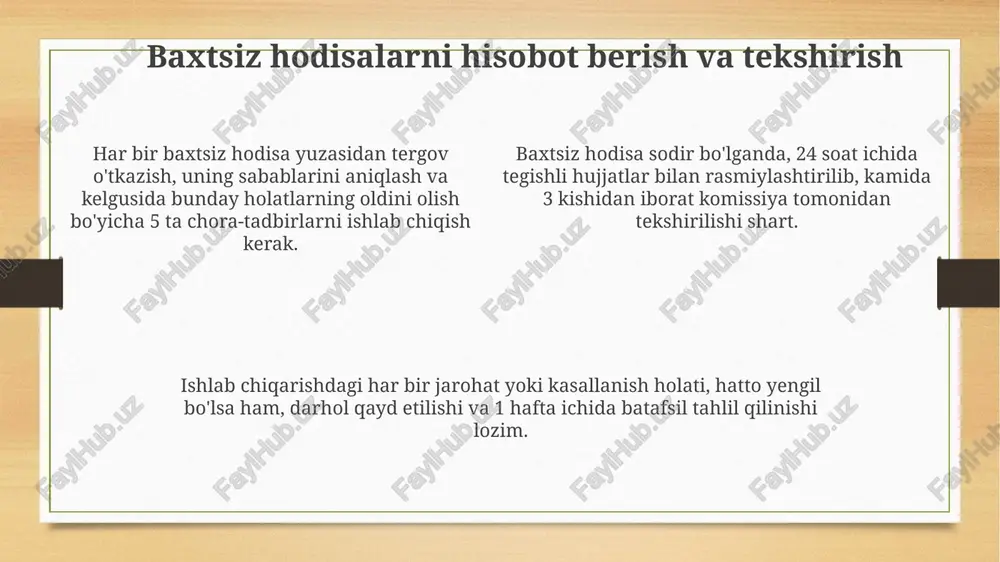a ko'zoynaklar kabi shhvlar ish jarayonida mexanik shikastlanishlar, kimyoviy moddalar ta'siri va yuqori haroratdan himoya qilishga yordam beradi. shaxsiy himoya vositalari (shhv) ipakchilikda xodimlarni xavfli omillardan himoya qiladi, masalan, nafas olish organlari uchun respiratorlar va qo'llar uchun maxsus qo'lqoplar. favqulodda vaziyatlarga tayyorgarlik zilzilaga tayyorgarlikda xodimlarni “o'tirish, yashirinish va ushlash” kabi xatti-harakatlarga o'rgatish, shuningdek, seysmik mustahkamlik uchun uskunani, masalan, tokchalarni mahkamlash muhim sanaladi. kimyoviy to'kilishlarga tayyorgarlikda favqulodda vaziyat uchun maxsus to'plamlarni (masalan, individual himoya vositalari bilan) saqlash, shuningdek, materiallar xavfsizlik ma'lumotlar varag'idan (msds) foydalangan holda tozalash protseduralarini bilish zarur. favqulodda vaziyatlar rejasida yong'in xavfsizligi protokollari bo'lishi kerak, jumladan, evakuatsiya yo'nalishlari, yig'ilish joylari va yong'inga qarshi kurash uskunalari, masalan, o't o'chirgichlar joylashuvi aks ettirilishi shart. elektr xavfsizligi elektr xavfsizligi bo'yicha yillik 1000 voltgacha bo'lgan uskunalarda ishlashga ruxsat berish uchun malaka imtihonidan o'tish shart. sertifikat 365 kun davomida amal qiladi. elektr uskunalari bilan ishlashda kamida 1000 voltgacha bo'lgan kuchlanishda dielektrik qo'lqoplar, dielektrik gilamchalar …