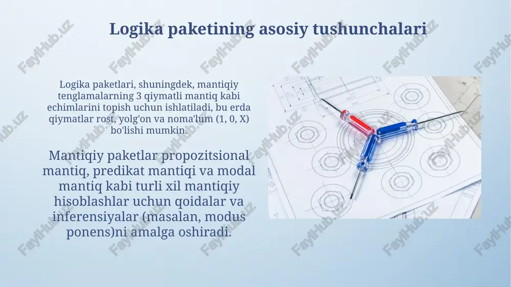 nisbatan n darajali polinom beradi. xos vektorlar v - noldan farqli vektorlar bo'lib, av = λv tenglamani qanoatlantiradi, bunda λ - xos son. har bir xos songa mos keluvchi xos vektorlar fazosi mavjud. chiziqli algebra: kirish chiziqli algebra vektorlar, matritsalar va chiziqli transformatsiyalarni o'rganadi, bu tushunchalar 2d va 3d grafikalarini yaratishda fundamental hisoblanadi. chiziqli algebra tenglamalar tizimlarini yechish uchun gauss usuli kabi usullarni taklif etadi, bunda n noma'lumli m ta tenglama mavjud bo'lishi mumkin. chiziqli algebra va logika paketi integratsiyasi boolean algebra chiziqli algebrada matritsalar bilan bog'liq mantiqiy amallarni optimallashtiradi; masalan, diagonal matritsalarni mantiqiy ko'paytirish tezligini 5 martagacha oshirish mumkin. chiziqli algebra va mantiq integratsiyasi vektor fazosidagi elementlarning mantiqiy shartlar bo'yicha guruhlanishini amalga oshiradi, masalan, 3 ta vektorning parallel yoki perpendikulyarligini aniqlash mumkin. e'tiboringiz uchun rahmat image4.png image6.jpg image7.jpg image8.jpg image9.jpg image10.jpg image11.jpg image12.jpg image13.jpg image14.jpg image15.jpg image16.jpg image17.jpg image18.jpg image19.jpg image20.jpg image21.jpg image22.jpg image3.jpeg