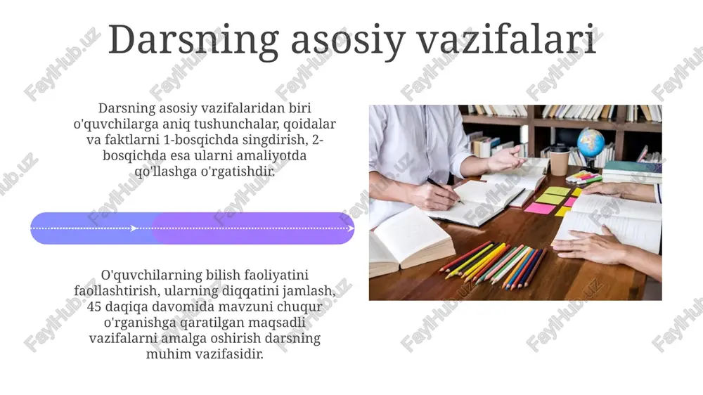 ga vazifani berish, bu o'quvchilarning bilim olishiga yordam beradi. o'quv jarayonining muvaffaqiyati ko'pincha darsning bosqichlari o'rtasidagi mantiqiy bog'liqlik va 4 asosiy ko'nikmani rivojlantirishga (tinglash, gapirish, o'qish, yozish) bog'liq. xulosa o'quvchilarning faol ishtiroki xulosaning muhim elementidir. o'quvchilar dars davomida o'rgangan 3-4 ta asosiy tushunchani ta'kidlashlari va ularni qanday qo'llash mumkinligini tushuntirishlari kerak. xulosa darsning maqsadlariga erishilganligini baholashni, asosiy vazifalar bajarilganligini aniqlashni o'z ichiga oladi. bu 2-3 daqiqa davom etishi mumkin bo'lgan muhim yakuniy bosqichdir. e'tiboringiz uchun rahmat image5.jpg image6.jpg image7.jpg image8.jpg image9.jpg image10.jpg image11.jpg image12.jpg image13.jpg image14.jpg image15.jpg image16.jpg image17.jpg image18.jpg image19.jpg image20.jpg image21.jpg image1.jpeg image2.jpeg image3.jpeg