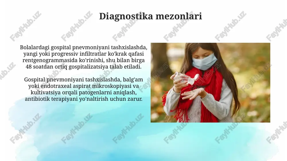 epidemiologiya hap bilan kasallanish darajasi bolalar kasalxonalarida 1000 ta yotqizishga 5-10 ta holatni tashkil qiladi, intensiv terapiya bo'limlarida esa bu ko'rsatkich 20 martagacha yuqori bo'lishi mumkin. erta boshlangan hap (kasalxonaga yotqizilganidan keyin 4 kun ichida) odatda ko'proq antibiotiklarga sezgir mikroorganizmlar, masalan, *streptococcus pneumoniae* bilan bog'liq bo'ladi. qo'llab-quvvatlovchi terapiya qo'llab-quvvatlovchi terapiya kislorod berishni o'z ichiga oladi, spo2 darajasini 90% dan yuqori ushlab turishga harakat qilish bilan birga, adekvat nafas olishni ta'minlash uchun. bolalarda qo'llab-quvvatlovchi terapiyada suyuqlik muvozanatini nazorat qilish muhim, ayniqsa 24 soat ichida, haddan tashqari gidratatsiyadan saqlanish va buyrak funksiyasini qo'llab-quvvatlash. prognoz prognoz intensiv terapiya bo'limiga qabul qilingan bolalarda o'lim xavfini baholash uchun ham qo'llaniladi, bu esa davolash rejalarini yaxshilash imkonini beradi. prognoz bolalarda kasalxonada orttirilgan pnevmoniyaning og'irligini baholash uchun ishlatilishi mumkin, bu esa shifokorlarga intensiv terapiya zarurligini aniqlashga yordam beradi. e'tiboringiz uchun rahmat image3.jpg image4.jpg image5.jpg image6.jpg image7.jpg image8.jpg image9.jpg image10.jpg image11.jpg image12.jpg image13.jpg image14.jpg image15.jpg image16.jpg image17.jpg image18.jpg …