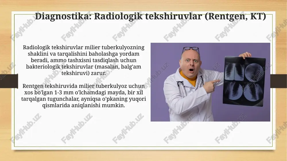 niteti past odamlarga. klinik ko'rinish: o'pkadan tashqari belgilari meningit 10-15% hollarda kuzatiladi, bosh og'rig'i, ensa mushaklarining qattiqlashishi va ongning buzilishi kabi nevrologik simptomlar bilan namoyon bo'ladi. miliar tuberkulyozda 25-50% hollarda limfa tugunlari kattalashadi, ayniqsa bo'yin va qo'ltiq osti sohasida, og'riqsiz va zich bo'lishi mumkin. diagnostika: laboratoriya tekshiruvlari laboratoriya tekshiruvlari orasida afb smear (kislotaga chidamli tayoqchalar) mikroskopiyasi muhim, lekin sezuvchanligi 50-70% ni tashkil etadi va tezkor natija beradi. qon tekshiruvlari, masalan, igra (interferon-gamma ajratish tahlili), latent tb infeksiyasini aniqlashda yordam beradi, lekin faol kasallikni aniqlamaydi va natijalar uchun bir necha kun kerak boʻladi. e'tiboringiz uchun rahmat image8.jpg image9.jpg image10.jpg image11.jpg image12.jpg image13.jpg image14.jpg image15.jpg image16.jpg image17.jpg image18.jpg image19.jpg image20.jpg image21.jpg image22.jpg image23.jpg image24.jpg image3.png image4.png