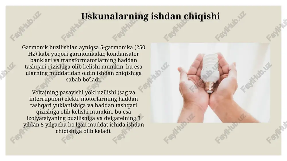 chlanish va tokning sinusoidal to'lqin shaklidan og'ishiga olib keladi, bu esa 5-garmonika kabi yuqori tartibli garmonikalar uchun xos bo'lgan ortiqcha issiqlik hosil qiladi. garmonikalar reaktiv quvvatni oshiradi, quvvat koeffitsientini pasaytiradi, bu esa elektr tarmoqlarida quvvatni etkazib berish va taqsimlashning samaradorligini kamaytiradi, ayniqsa 3-garmonika kabi nollik ketma-ketlikdagi garmonikalar bilan. kuchlanishning buzilishi kuchlanishning buzilishi, harmonikalar tufayli sodir bo'ladi, bu 5-harmonik (250 hz) va 7-harmonik (350 hz) kabi asosiy chastotadan yuqori bo'lgan kuchlanish va tokning tebranishidir. kuchlanishning buzilishi, uch fazali tizimlarda nosimmetriklikni keltirib chiqaradi, bu esa har bir fazadagi kuchlanishning farq qilishi hisoblanadi va natijada dvigatellarning haddan tashqari qizishiga sabab bo'ladi. elektr energiyasi sifati muammolarining sabablari lineer bo'lmagan yuklar, masalan, 3 fazali o'zgartirgichlar, harmonik oqimlarni keltirib chiqaradi, bu esa 5-chi va 7-chi harmonikalar kabi kuchlanish buzilishlariga olib keladi. yirik motorlar yoki kompressorlar kabi katta yuklarning ishga tushishi kuchlanishning vaqtinchalik pasayishiga (sag) sabab bo'ladi, bu esa sezgir uskunaning ishlashiga ta'sir qiladi. energiya sifati muammolarining …