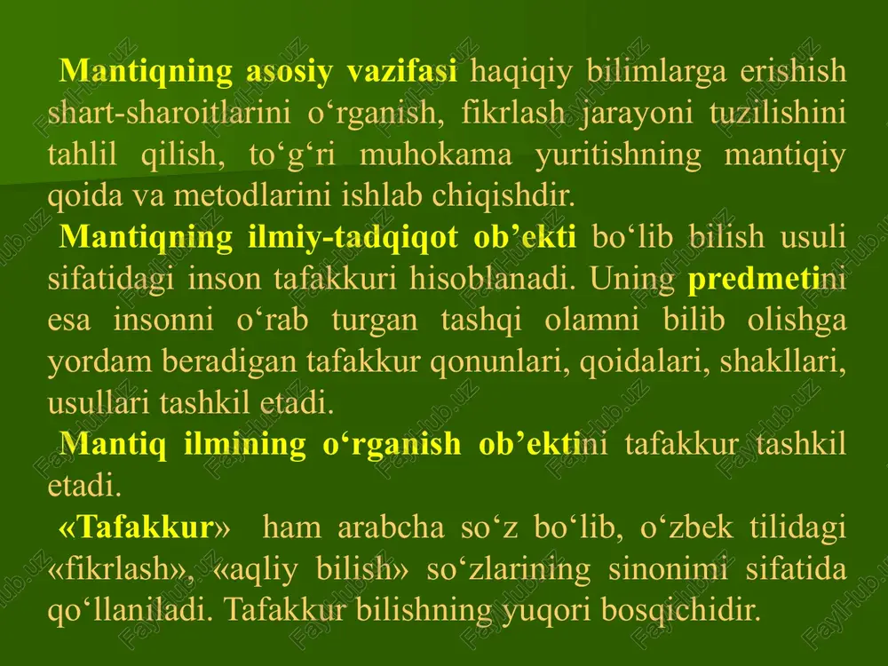 rning har birini o‘z o‘rnida, o‘z ma’nosida ishlatishni taqozo etadi. aks holda tushuncha yoki fikr o‘zgarishi, chalg‘ishi, aralashib ketishi, mulohazalar tarqoqligi, sochilib ketishi, masaladan chekinish va uni noto‘g‘ri qo‘yish kabi xatolar sodir bo‘ladi. bularning barchasiga sabab fikr muayyanligi yoki qat’iyligining buzilishidir. masalan: to‘g‘ri tafakkur qilish, fikr yuritish qonunlari, qoidalari, shakllari, usullari va vositalari to‘g‘risidagi fan mantiqdir (a). mantiq to‘g‘ri tafakkur qilish, fikr yuritish qonunlari, qoidalari, shakllari, usullari va vositalari to‘g‘risidagi fandir (a). ayniyat qonunining formulasi quyidagichadir: a-a. nozidlik qonuniga binoan, ayni bir buyum yoki hodisa to‘g‘risida aytilgan ikki qarama-qarshi (kontrar) fikr, hukmlar ayni bir vaqtda va ayni bir nisbatda birdaniga chin bo‘lishi mumkin emas. chunki ular o‘rtasida ziddiyat bor. doim ulardan biri chin, ikkinchisi yolg‘ondir. ushbu qonun formal mantiqning fikr ziddiyatsiz bo‘lishi lozimligi to‘g‘risidagi talabini ifodalaydi. fikrning ziddiyatsiz bo‘lishi uning muayyanligi, aniqligi, barqarorligi va izchilligini ta’minlaydigan zaruriy shartdir. masalan: pomir tog‘i baland (a). pomir tog‘i baland emas (ā). bu mulohazalardan …