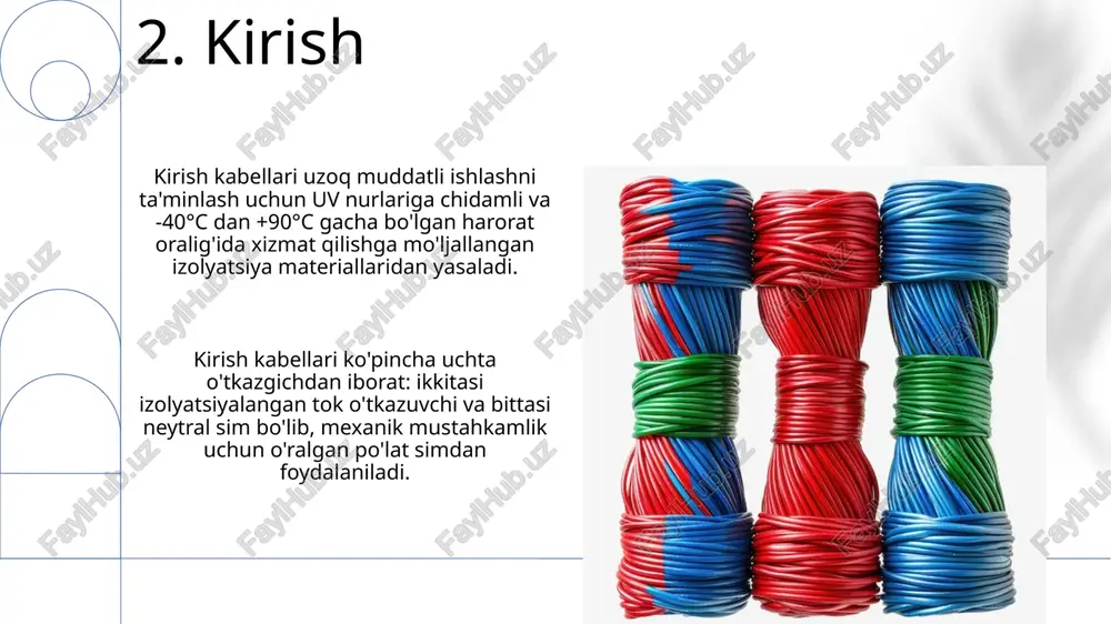 rtiradi; qattiq simlar eng arzoni, torli simlar esa yaxshiroq egiluvchanlikni ta'minlaydi, lekin ko'proq sirt maydoniga ega. mis simlar harorat ko'tarilganda elektr o'tkazuvchanligini pasaytiradi, chunki atom tebranishlari elektronlarning harakatini to'xtatadi; misning harorat koeffitsienti taxminan 0,00393 daraja celsius uchun. 16.elektr o'tkazuvchanlik asoslari ohmlik qonuni, v = ir, kuchlanish (v), tok (i) va qarshilik (r) o'rtasidagi bog'liqlikni ifodalaydi, bu esa o'tkazgichning o'lchamlari va materialiga ta'sir qiladi. harorat elektr o'tkazuvchanlikka ta'sir qiladi; metallarda harorat oshishi bilan elektronlarning harakati susayib, qarshilik ortadi va o'tkazuvchanlik kamayadi, odatda 0.4%/°c atrofida. 17.metall o'tkazgich materiallari kumush (ag) eng yuqori elektr o'tkazuvchanligiga ega, qarshiligi 1.59 × 10^-8 om⋅m, lekin qimmatligi sababli maxsus ilovalarda, masalan, yuqori aniqlikdagi elektronika kontaktlarida qo'llaniladi. mis (cu) eng keng tarqalgan o'tkazgich material bo'lib, uning o'rtacha qarshiligi 1.68 × 10^-8 om⋅m ni tashkil etadi, bu esa yuqori elektr o'tkazuvchanligini ta'minlaydi. e'tiboringiz uchun rahmat image2.png image3.jpg image4.jpg image5.jpg image6.jpg image7.jpg image8.jpg image9.jpg image10.jpg image11.jpg image12.jpg image13.jpg image14.jpg image15.jpg …